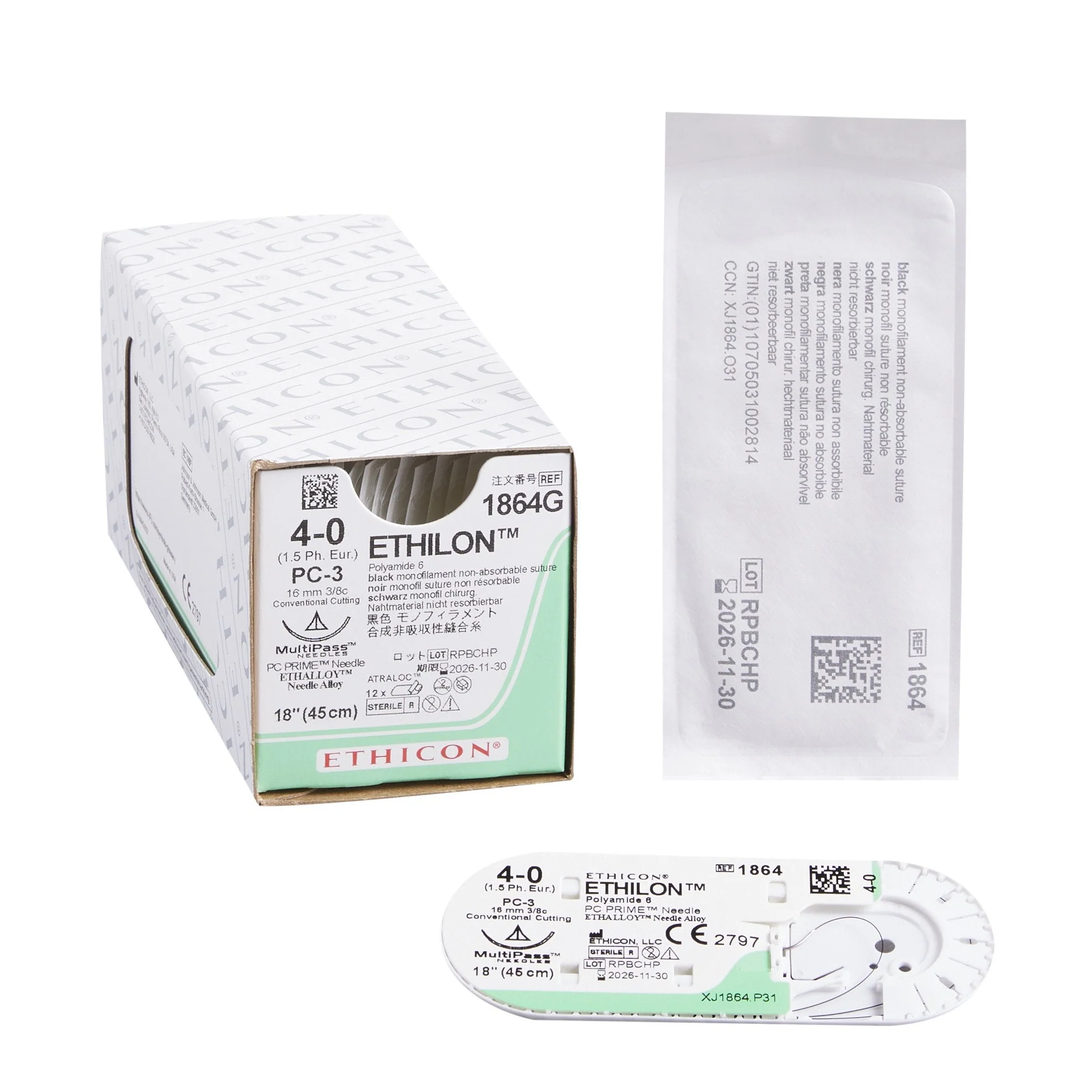 Nonabsorbable Suture with Needle Ethilon Nylon PC-3 3/8 Circle Precision Conventional Cutting Needle Size 4-0 Monofilament