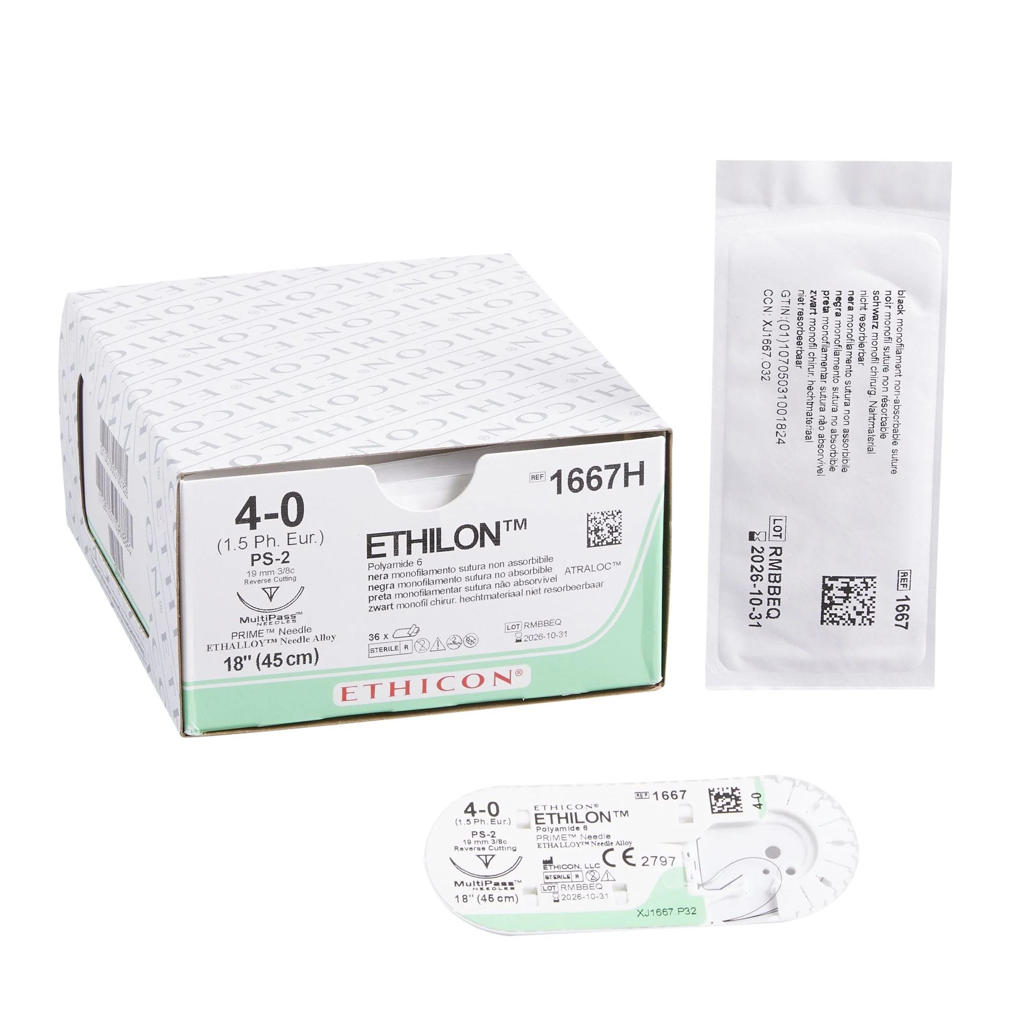 Nonabsorbable Suture with Needle Ethilon Nylon PS-2 3/8 Circle Precision Reverse Cutting Needle Size 4-0 Monofilament