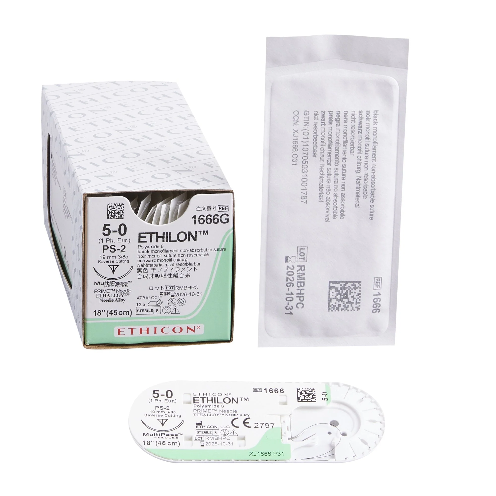 Nonabsorbable Suture with Needle Ethilon Nylon PS-2 3/8 Circle Precision Reverse Cutting Needle Size 5-0 Monofilament