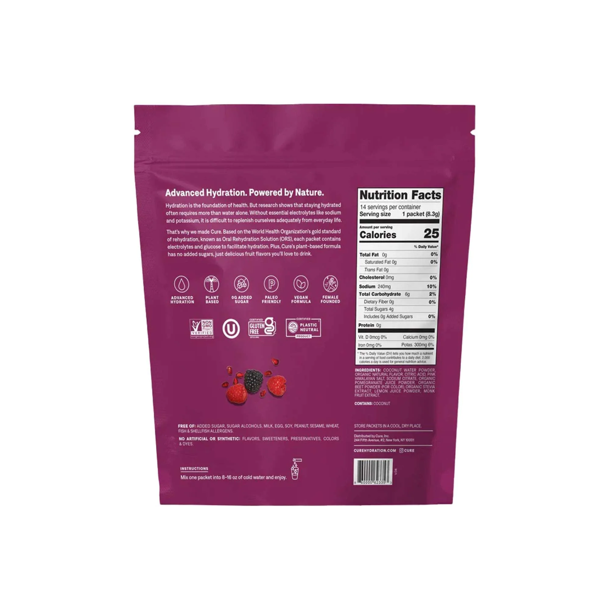 Cure Hydration Cure Electrolyte Drink Mix made with Coconut Water, Berry, 7.7-gram Packets (168/CS) - Image 2