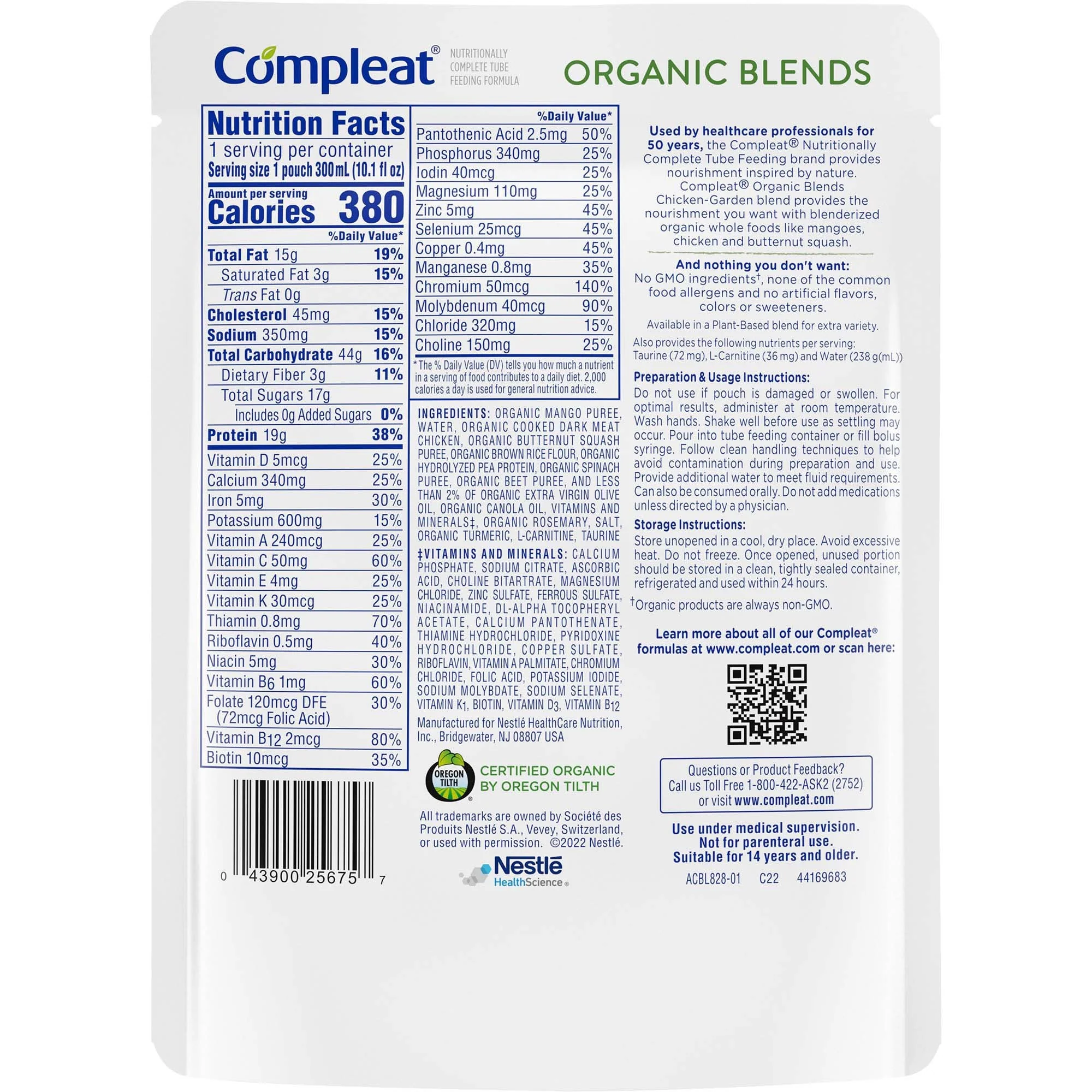 Nestle Healthcare Nutrition Compleat Organic Blends Chicken-Garden Blenderized Whole Foods, 10.1 oz. Pouch (24/CS) - Image 2