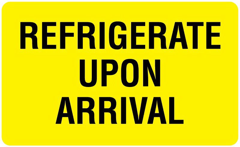United Ad Label Pre-Printed Label UAL Auxiliary Label Yellow Paper REFRIGERATE UPON ARRIVAL Temperature Control 2-1/8 X 3-1/2 Inch