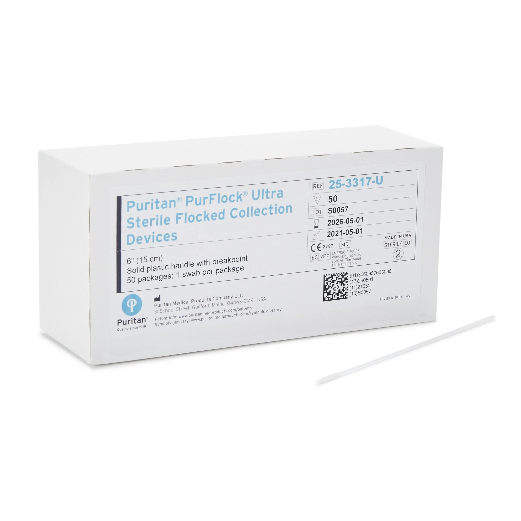Puritan Medical Products PurFlock Ultra Nasopharyngeal Collection Swab, 6-Inch Length (500/CS)