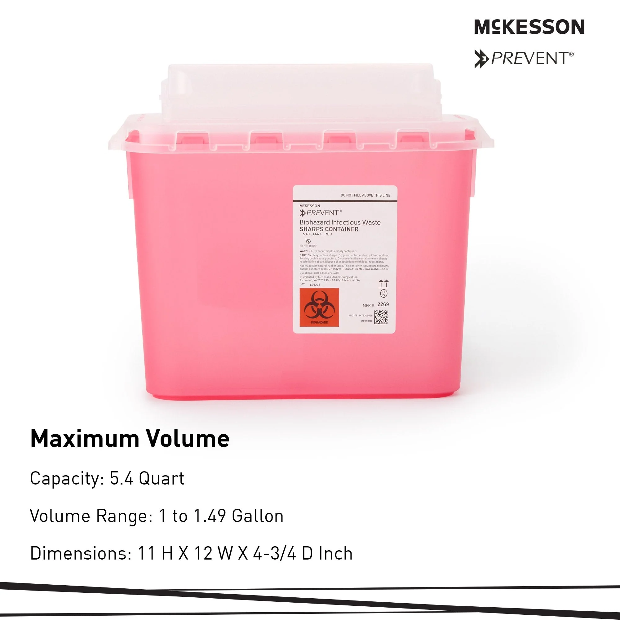 McKesson Brand McKesson Prevent Two-Piece Sharps Container, 5.4 Quart, 11 x 12 x 4-3/4 Inch (20/CS) - Image 2
