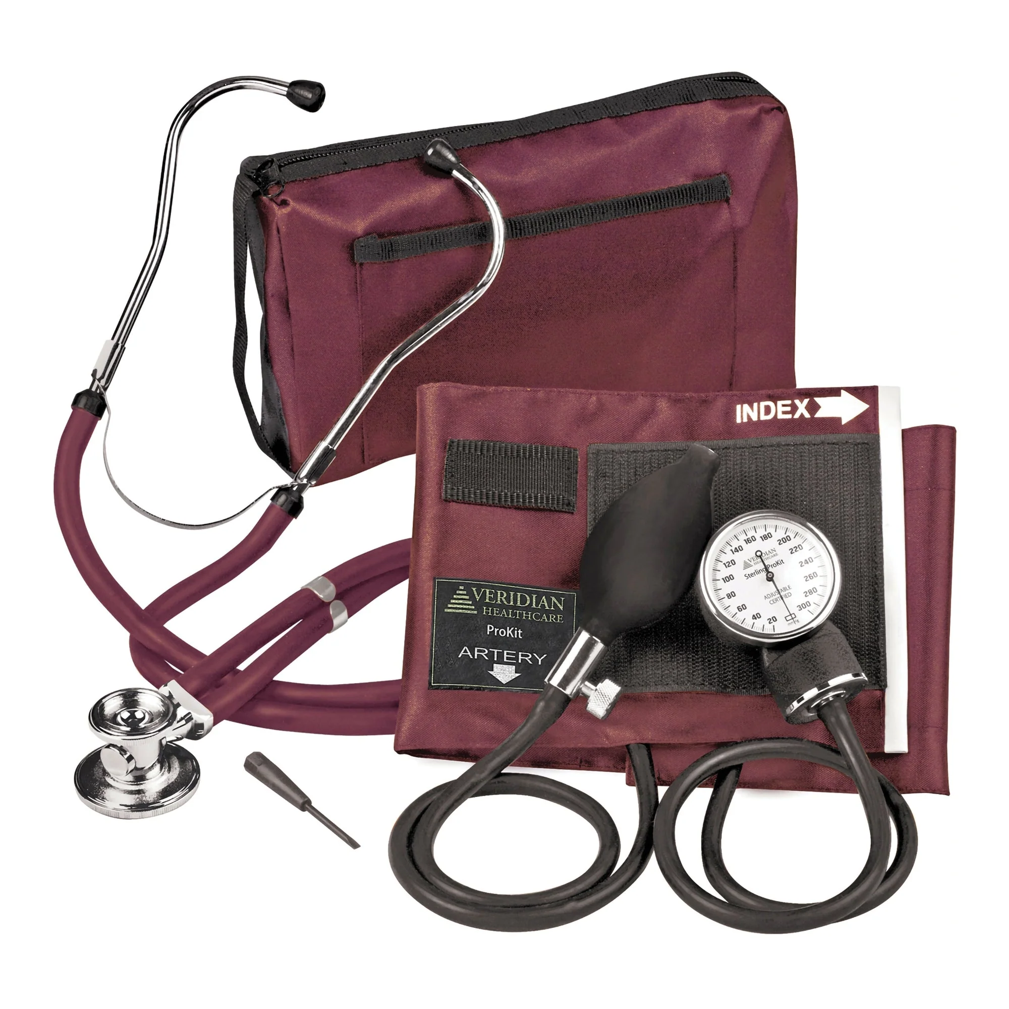 Veridian Healthcare LLC Sterling Series ProKit Aneroid Sphygmomanometer with Stethoscope, Burgundy (20/CS)