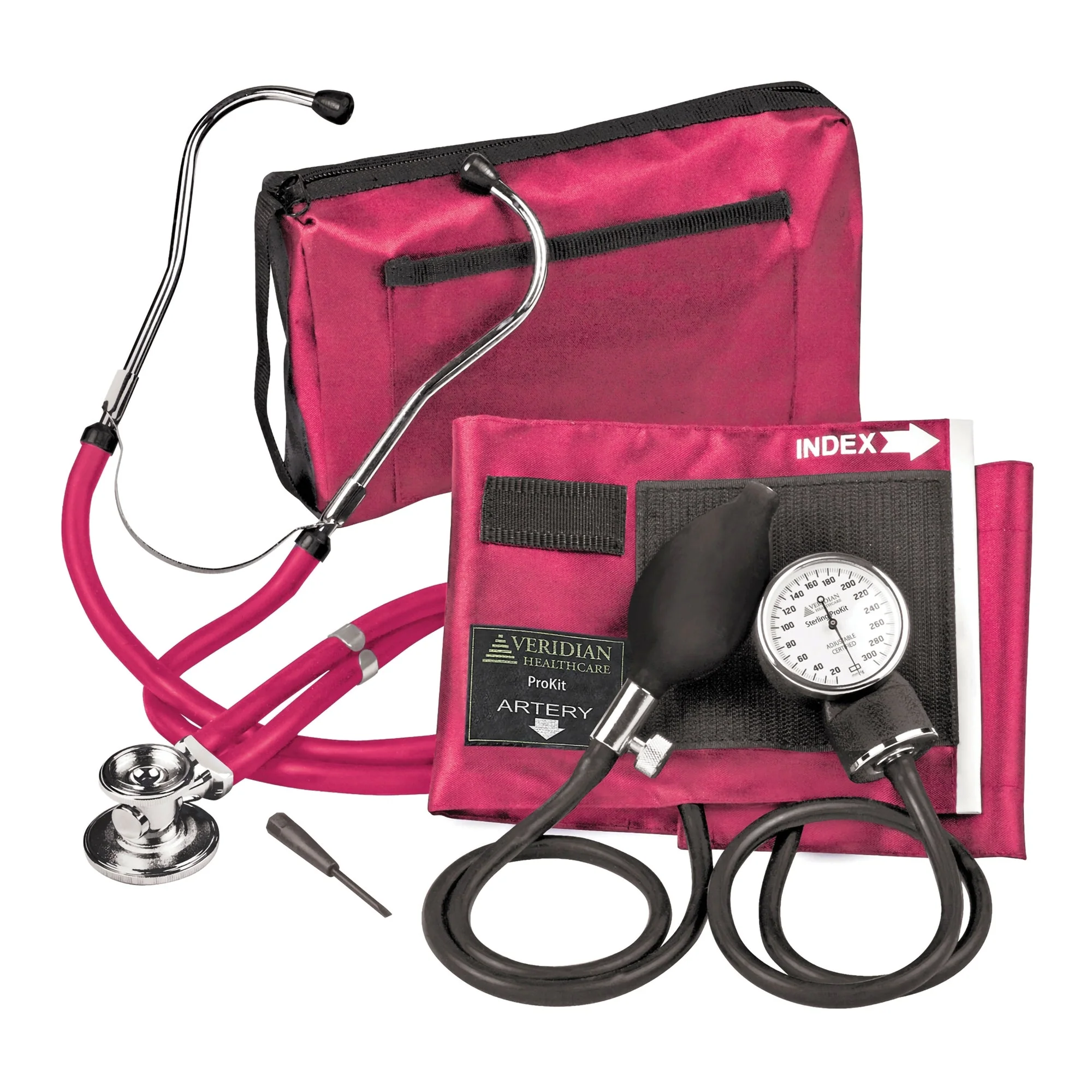 Veridian Healthcare LLC Sterling Series ProKit Aneroid Sphygmomanometer with Stethoscope, Magenta (20/CS)
