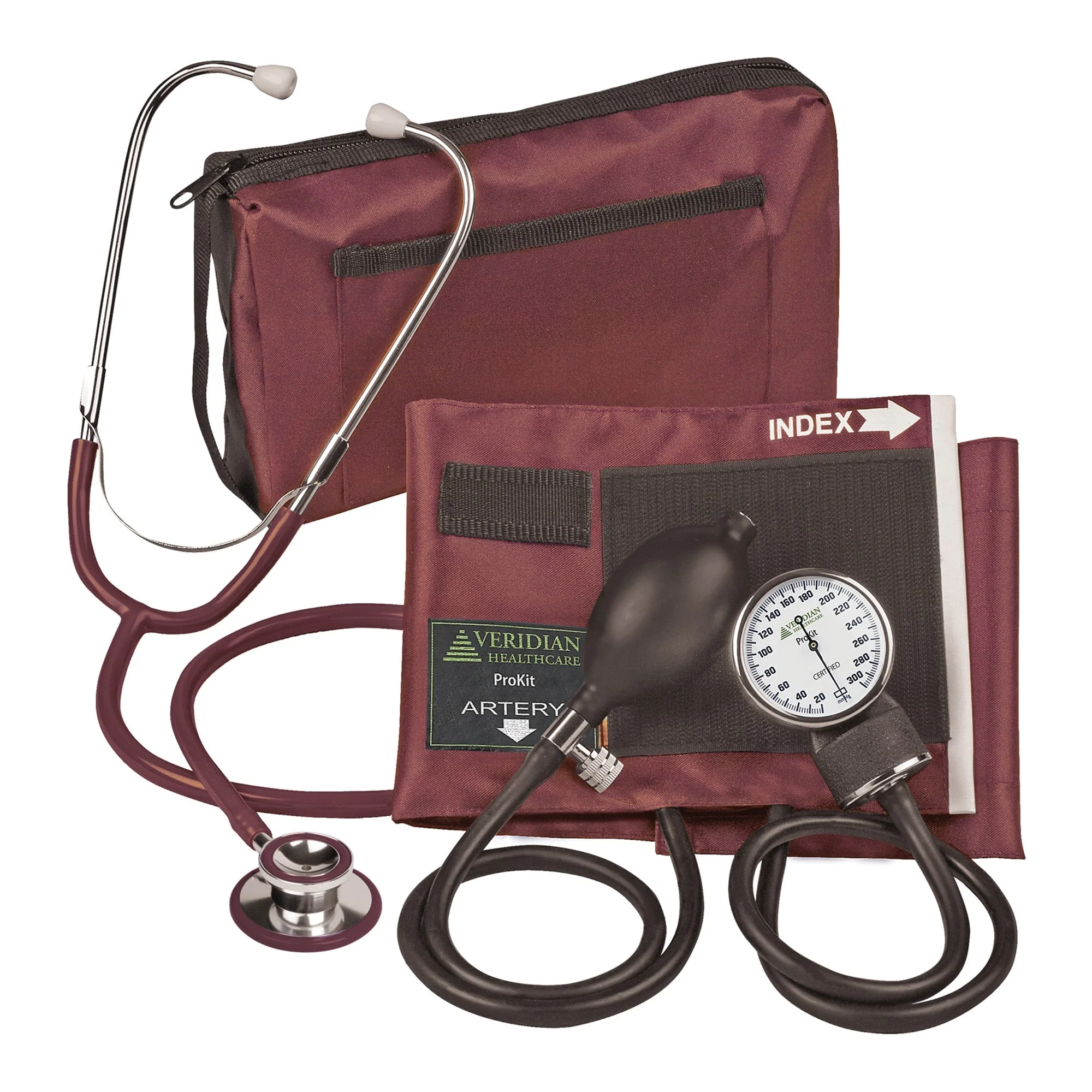 Veridian Healthcare LLC Combo ProKit Aneroid Sphygmomanometer Unit with Stethoscope, Burgundy (20/CS)