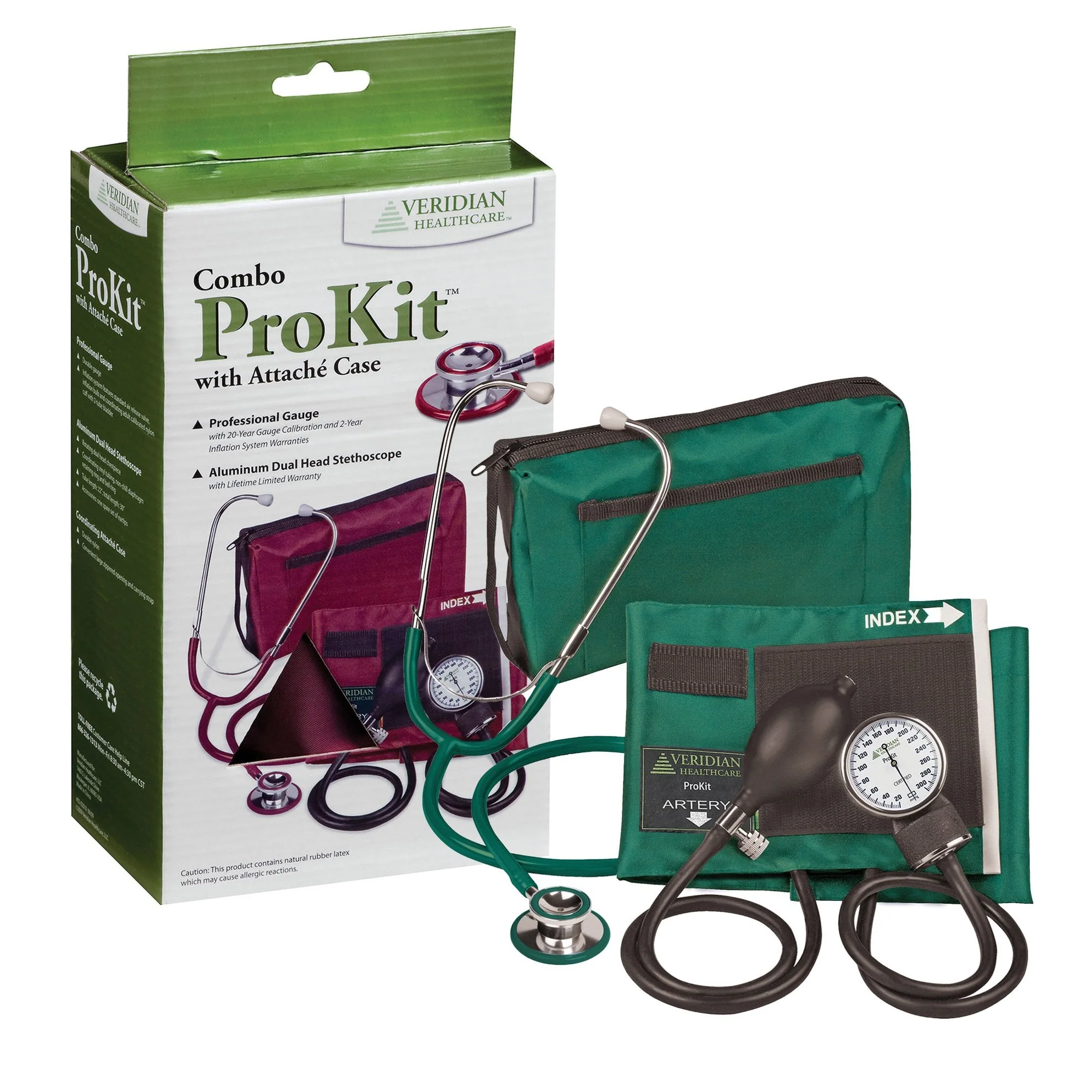 Veridian Healthcare LLC Combo ProKit Aneroid Sphygmomanometer Unit with Stethoscope, Green (20/CS)