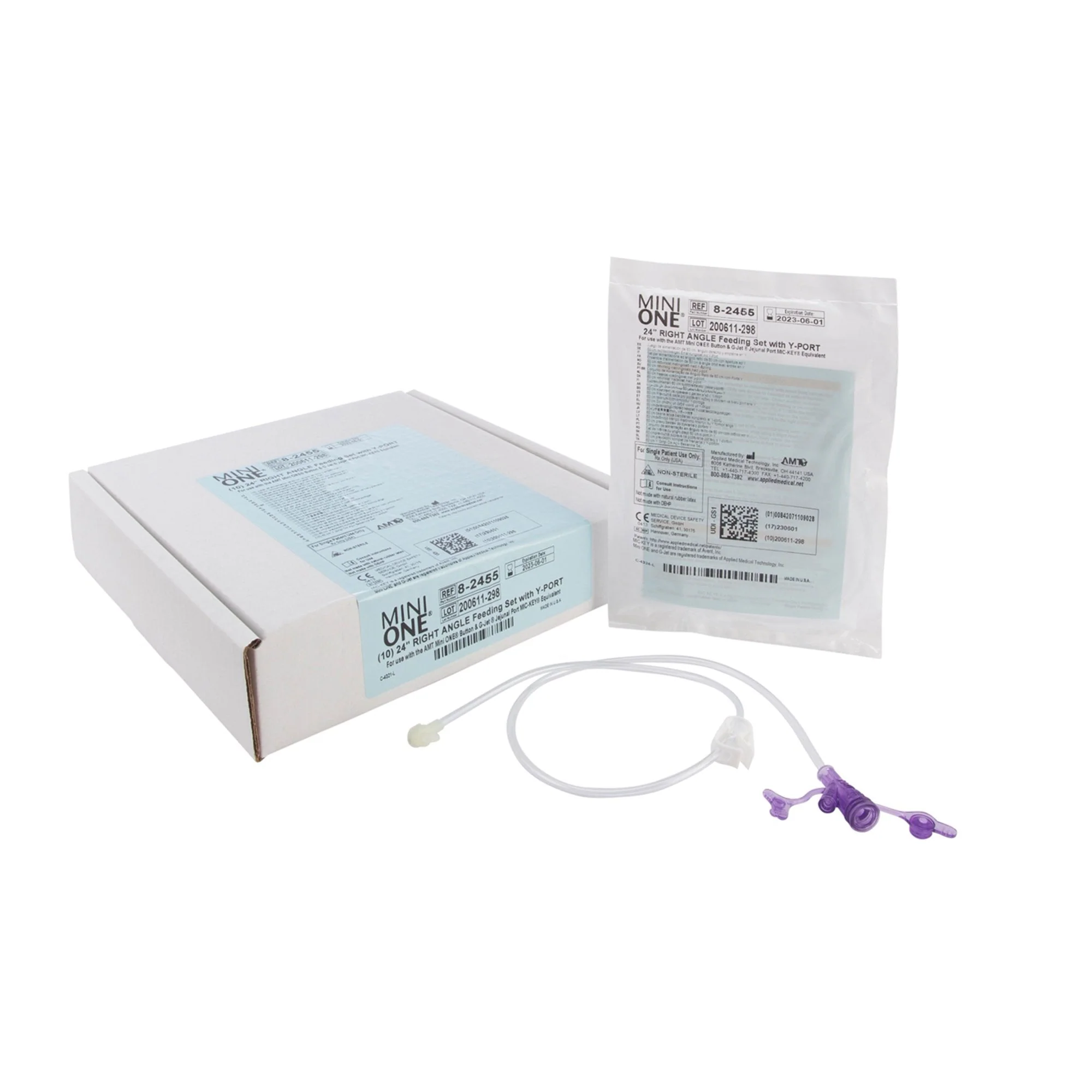 Right Angle Connector with Y-Port Adapter Mini ONE 24 Inch, Purple For Balloon and Non-Balloon Button Mini ONE Enteral Feeding Extension Sets