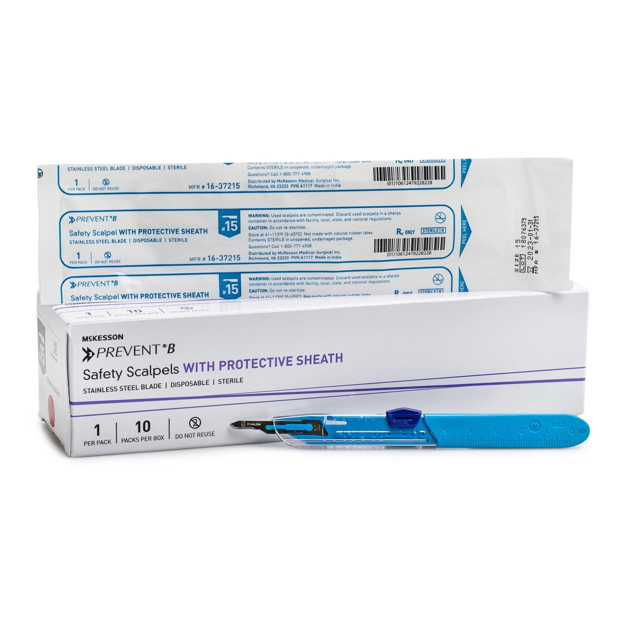 Safety Scalpel McKesson Prevent B No. 15 Stainless Steel / Plastic Classic Grip Handle Sterile Disposable