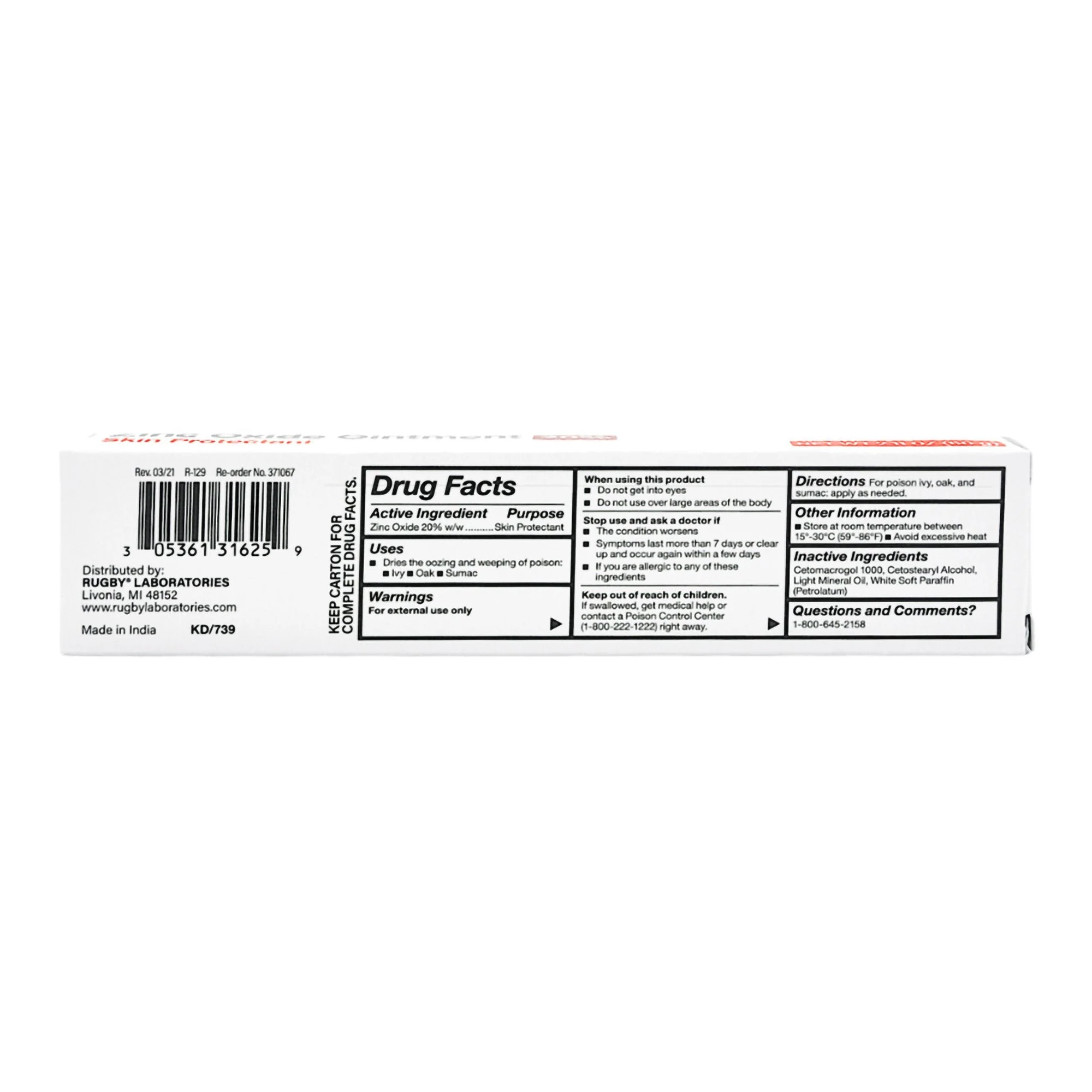 Major Pharmaceuticals Rugby 20% Zinc Oxide Ointment Skin Protectant, 60-gram Tube - Image 2