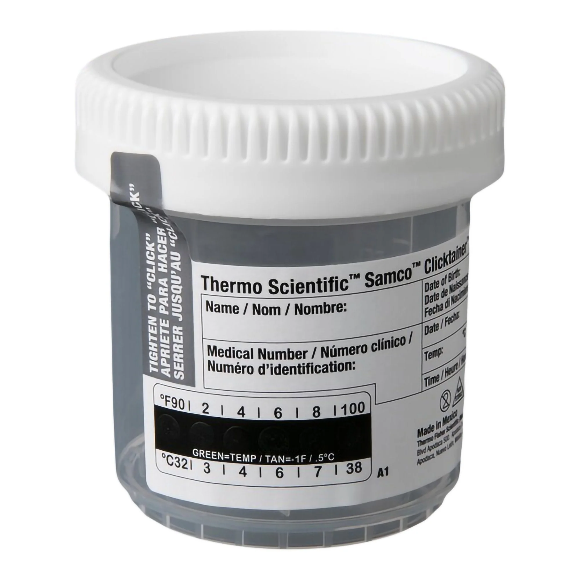 Thermo Scientific Specimen Container with Temperature Strip Samco Clicktainer 53 mm Opening 90 mL (3 oz.) Screw Cap Patient Information NonSterile (300/CS)