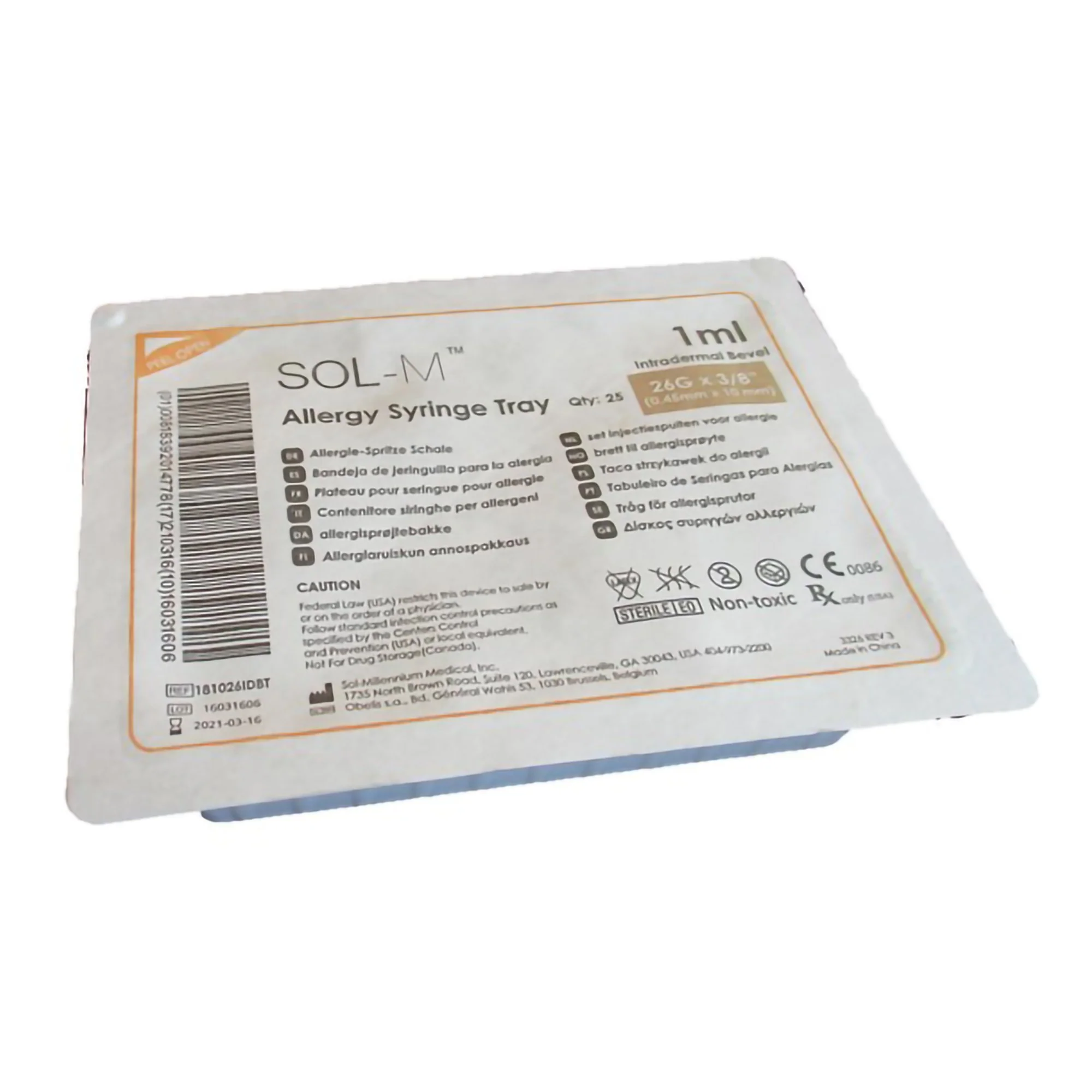 Standard Allergy Tray Sol-M 1 mL 3/8 Inch 26 Gauge NonSafety Regular Wall