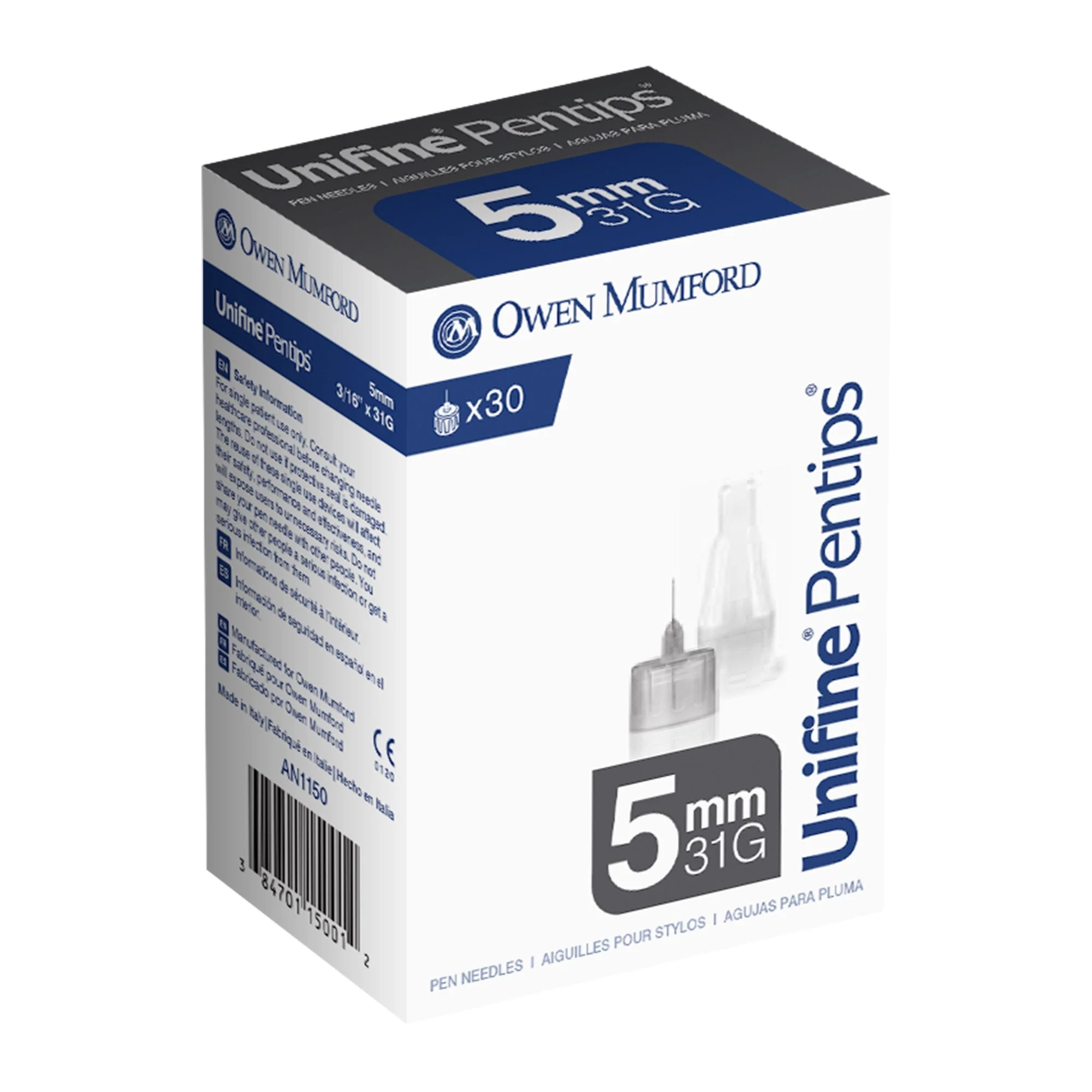 Owen Mumford Unifine Pentips Standard Insulin Pen Needle, 32 Gauge, 4 mm Length (1500/CS)