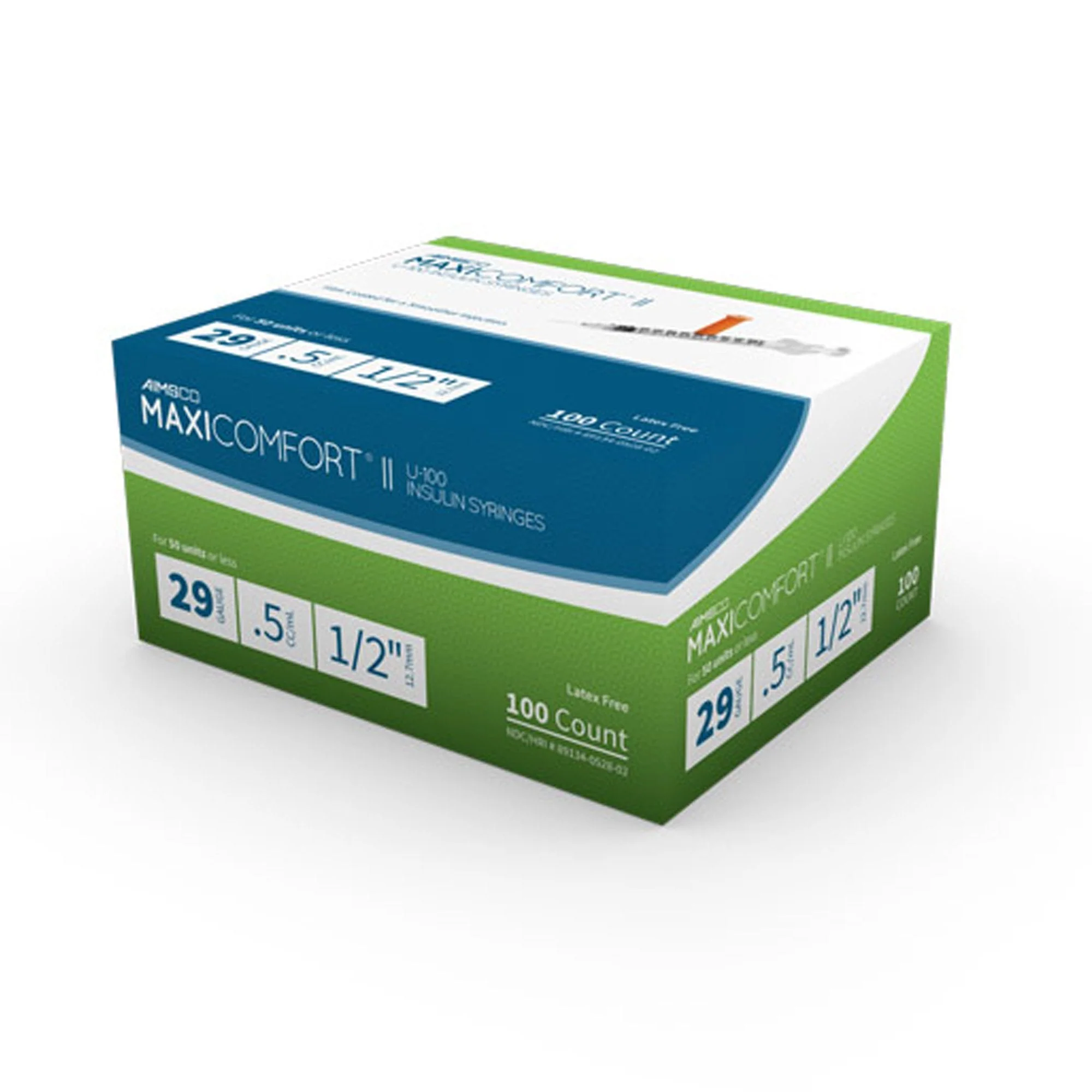MHC Medical MaxiComfort II Standard Insulin 0.5 mL Syringe with Needle, 29 Gauge, 1/2 Inch (500/CS)