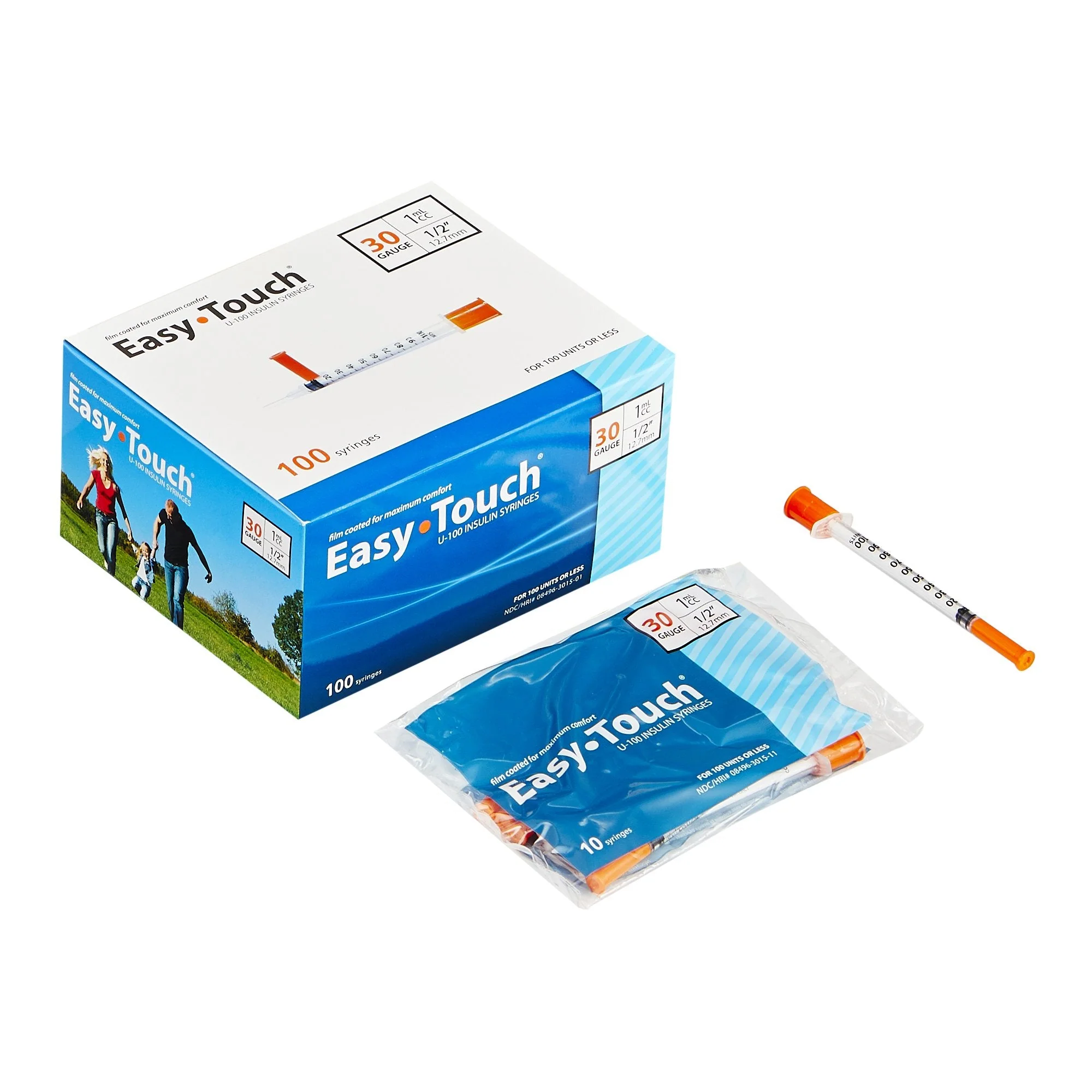Standard Insulin Syringe with Needle EasyTouch 1 mL 1/2 Inch 30 Gauge NonSafety Thin Wall