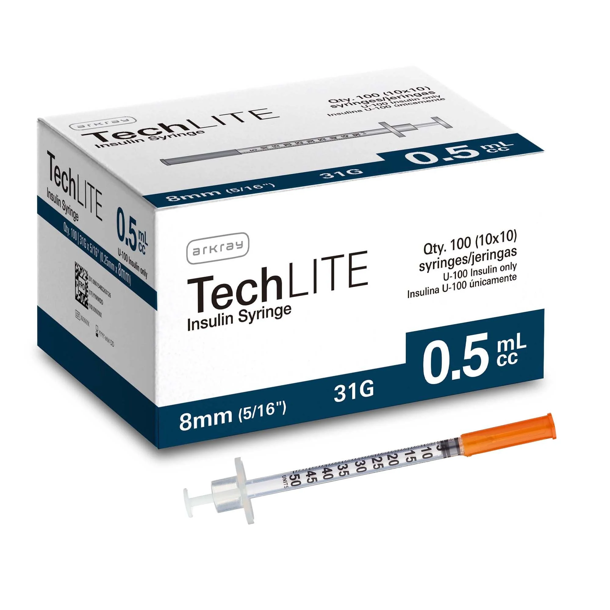 Standard Insulin Syringe with Needle Techlite 0.5 mL 5/16 Inch 31 Gauge NonSafety Thin Wall