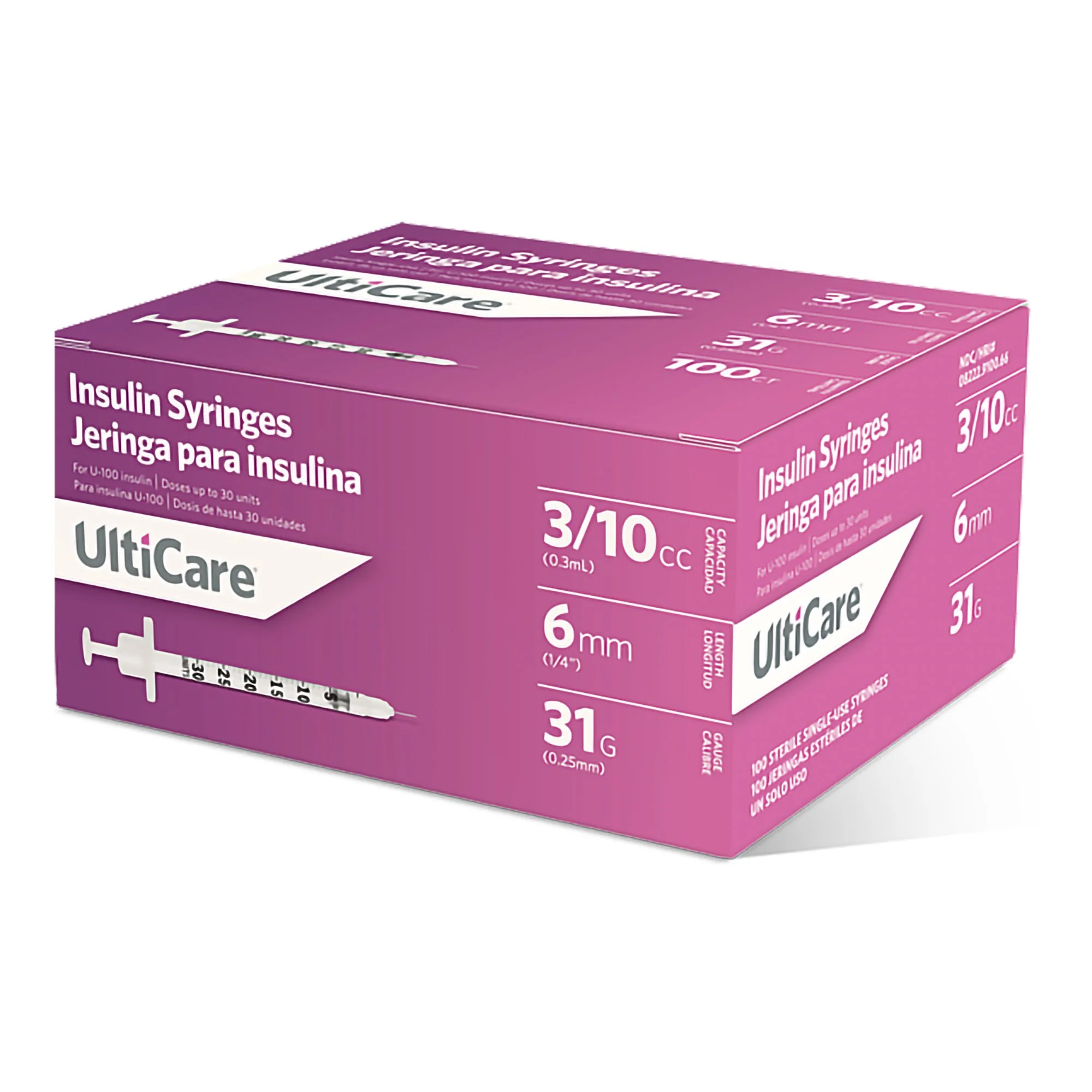 Standard Insulin Syringe with Needle UltiCare 0.3 mL 1/4 Inch 31 Gauge NonSafety Thin Wall