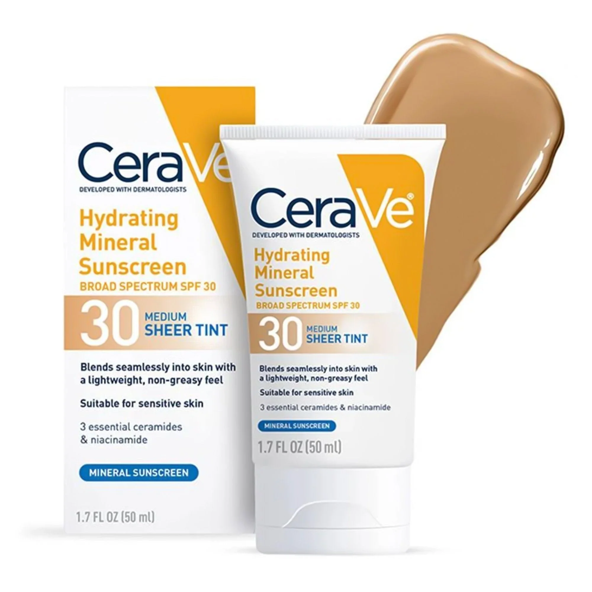 Loreal USA CeraVe Hydrating Mineral Sunscreen Medium Sheer Tint, SPF 30, 1.7-ounce Tube
