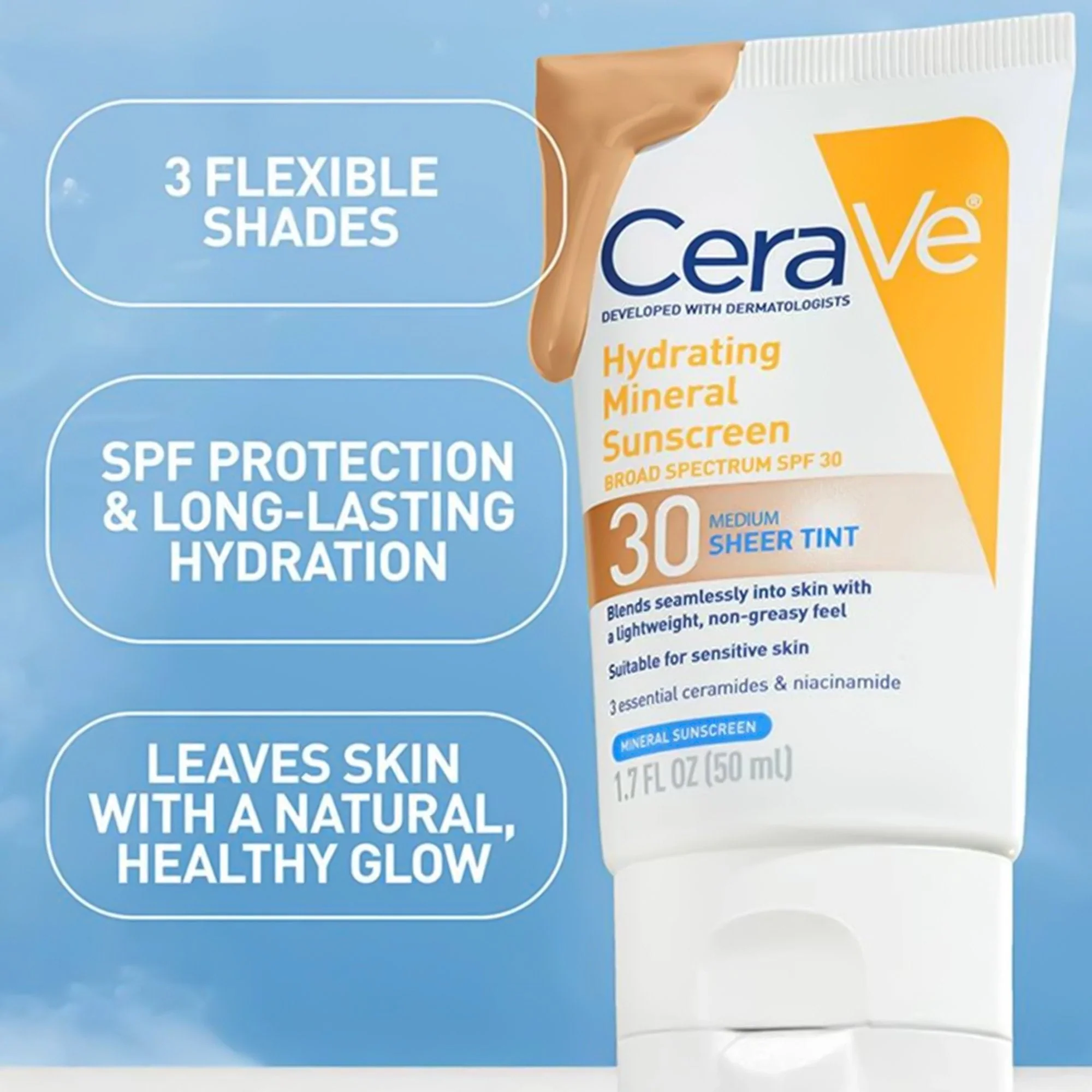 Loreal USA CeraVe Hydrating Mineral Sunscreen Medium Sheer Tint, SPF 30, 1.7-ounce Tube - Image 6
