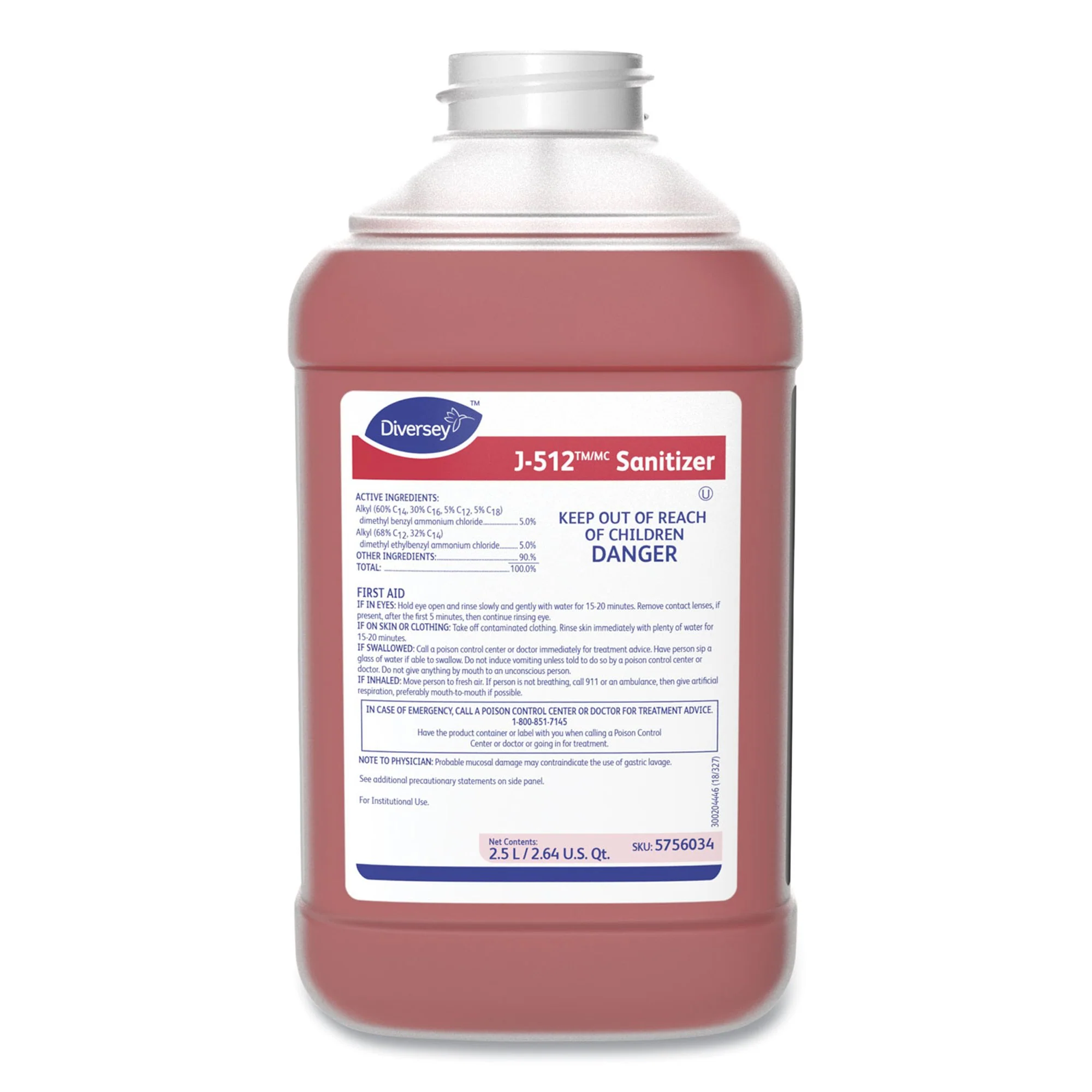 Surface Cleaner / Sanitizer Diversey J-512 Sanitizer Quaternary Based J-Fill Dispensing Systems Liquid Concentrate 2.5 Liter Bottle Chemical Scent NonSterile