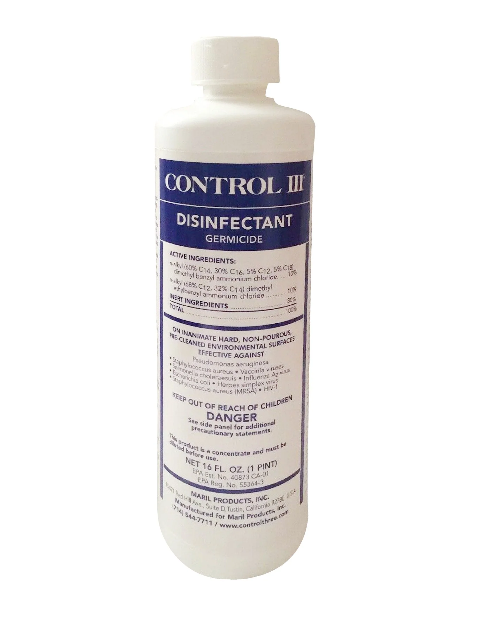 Maril Products Surface Disinfectant Cleaner Control III Disinfectant Germicide Quaternary Based Manual Pour Liquid Concentrate 16 oz. Bottle Benzaldehyde Scent NonSterile