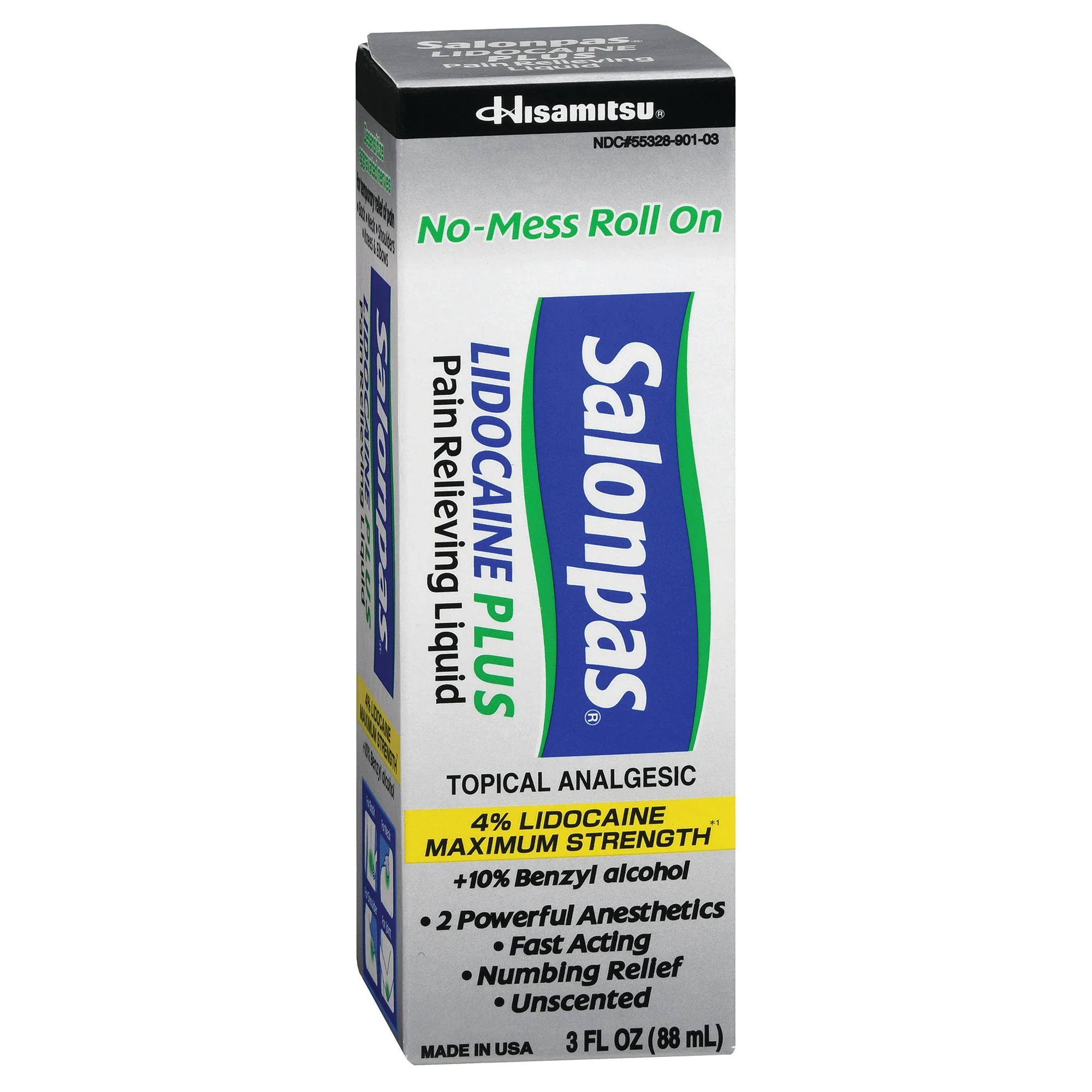 Emerson Healthcare Salonpas Lidocaine 4% Plus Pain Relieving Liquid No-Mess Roll On, 3 ounces (36/CS)