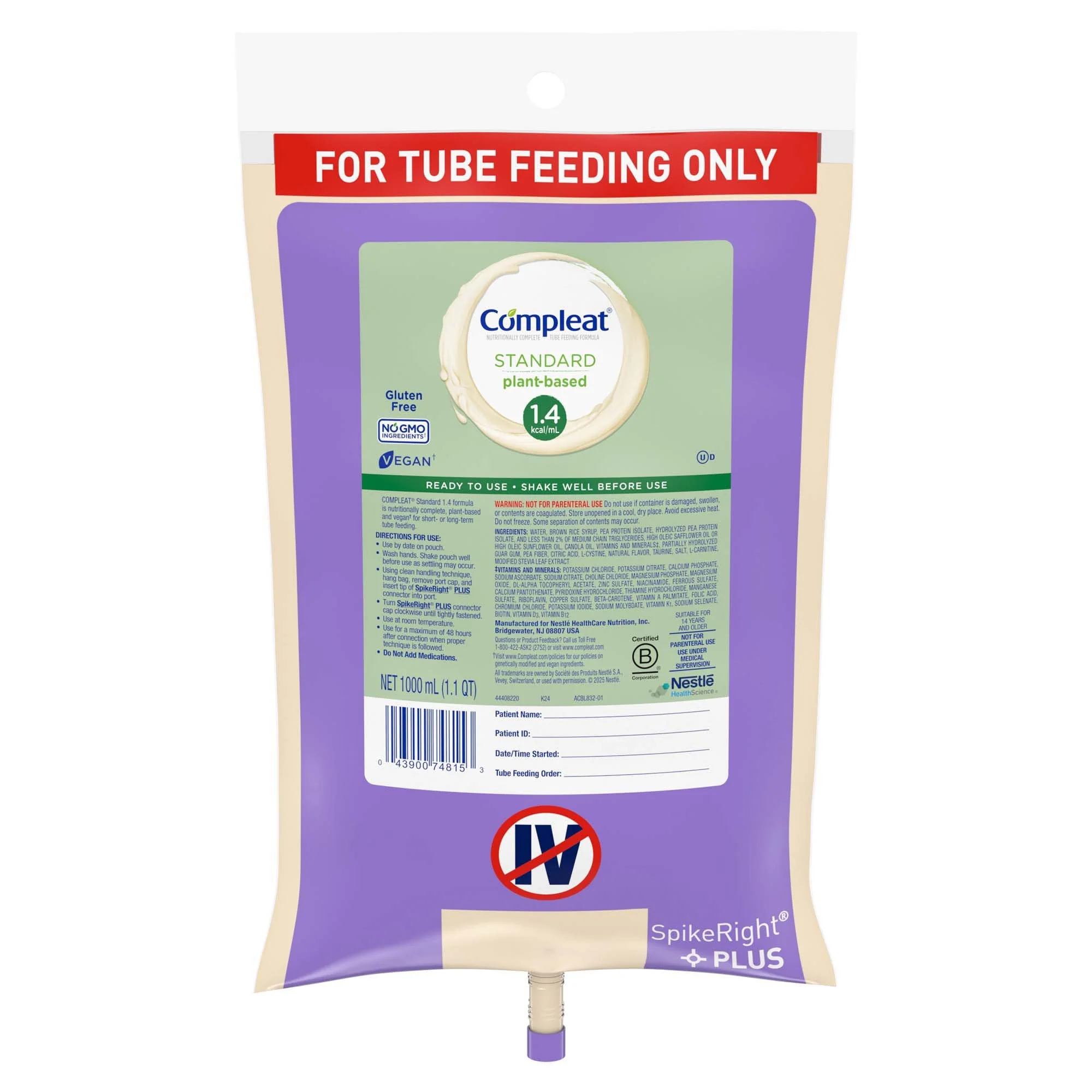 Nestle Healthcare Nutrition Compleat Standard 1.4 Cal Plant-Based Tube Feeding Formula, Vanilla, 1000 mL (6/CS)