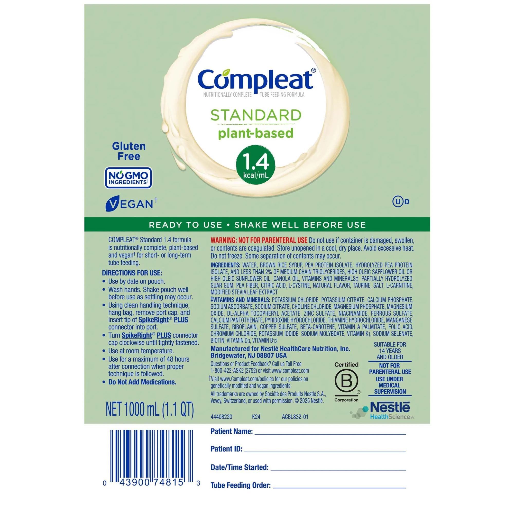 Nestle Healthcare Nutrition Compleat Standard 1.4 Cal Plant-Based Tube Feeding Formula, Vanilla, 1000 mL (6/CS) - Image 2