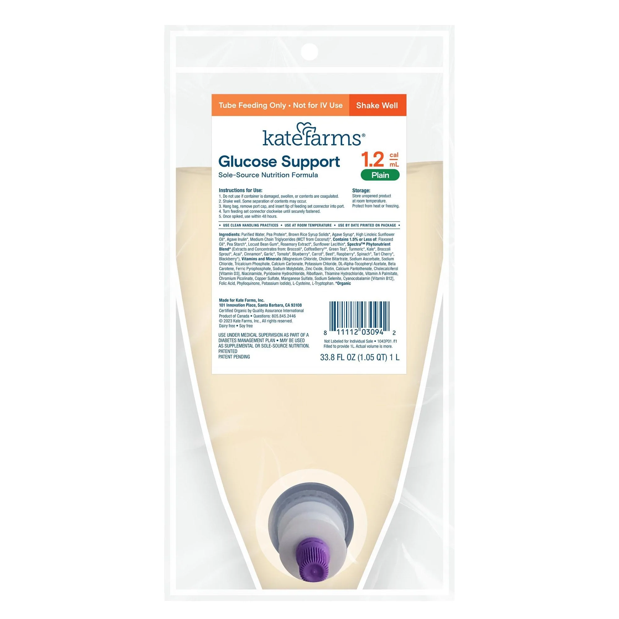 Kate Farms Tube Feeding Formula Kate Farms Glucose Support 1.2 Plain Flavor Liquid 1000 mL Ready to Hang Prefilled Container (6/CS)