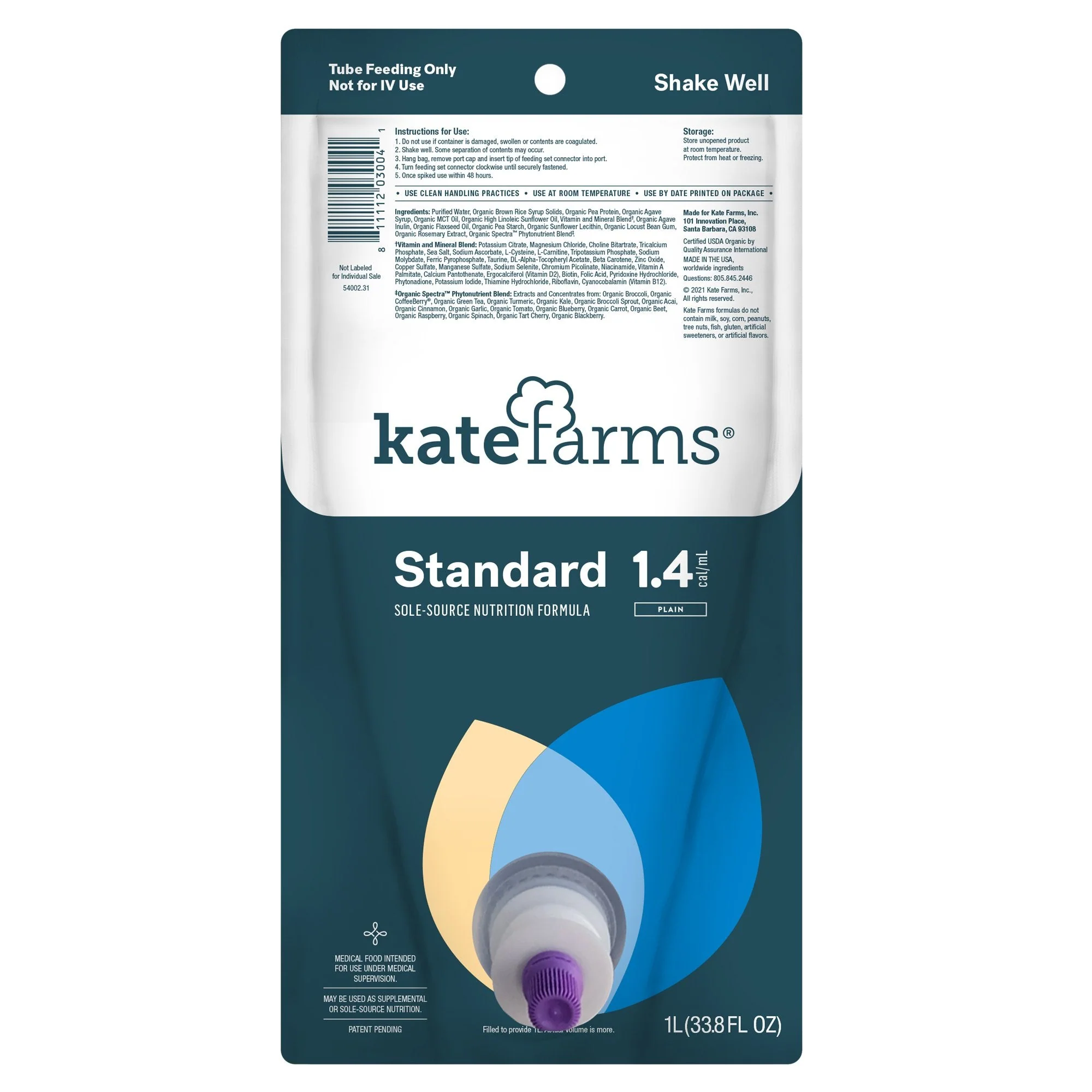 Kate Farms Kate Farms Standard 1.4 Sole-Source Nutrition Formula, 1,000 mL Bag (6/CS)
