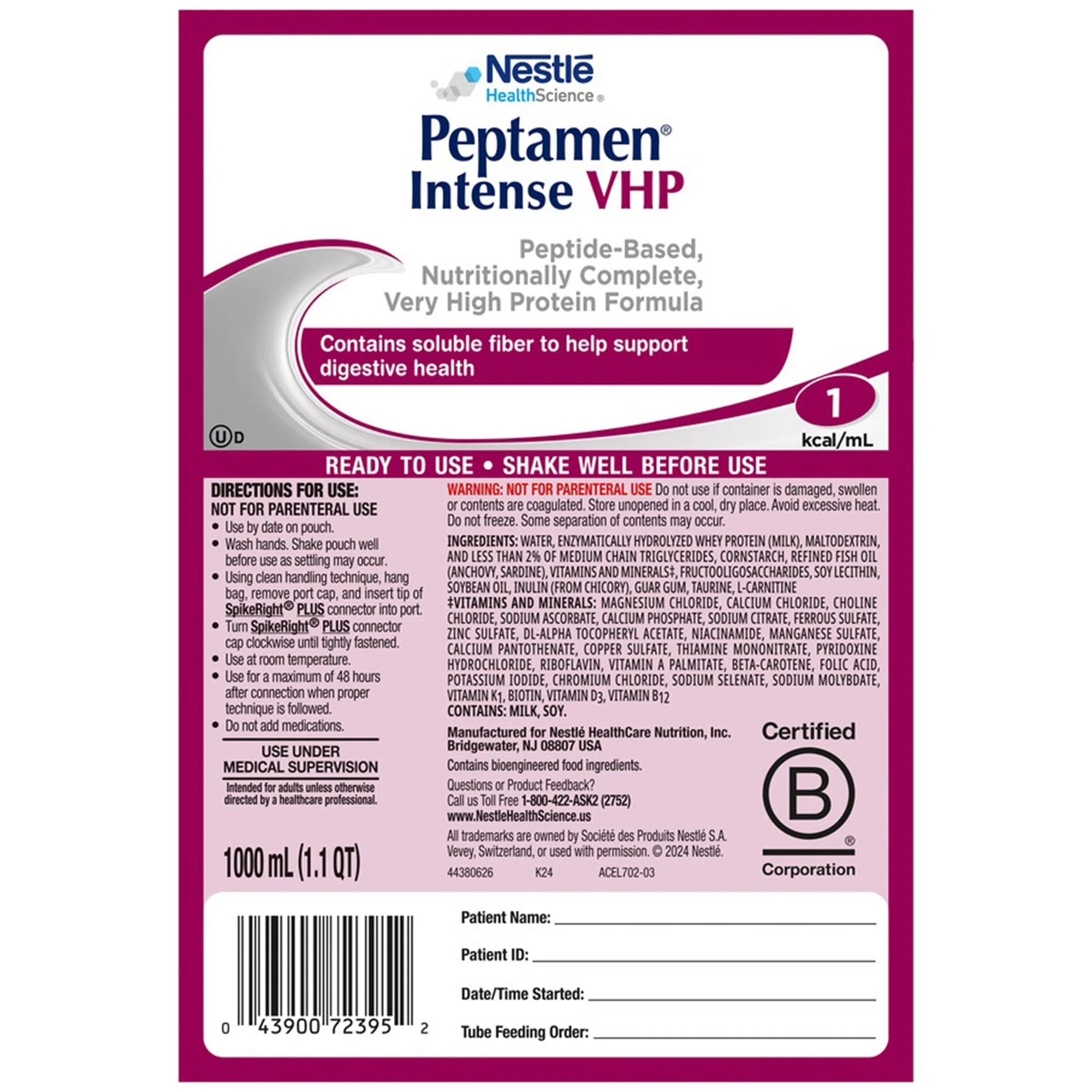 Nestle Healthcare Nutrition Peptamen Intense VHP Tube Feeding Peptide-Based Formula, 33.8 oz. UltraPak Bag (6/CS) - Image 2