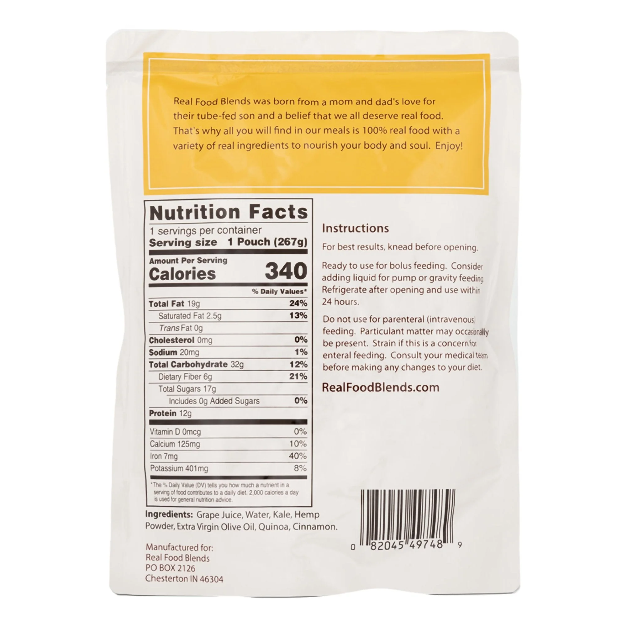 Nutritionals Medicinals Real Food Blends Quinoa, Kale & Hemp Pureed Food Blend for Tube Feed, 9.4-ounce (12/CS) - Image 2