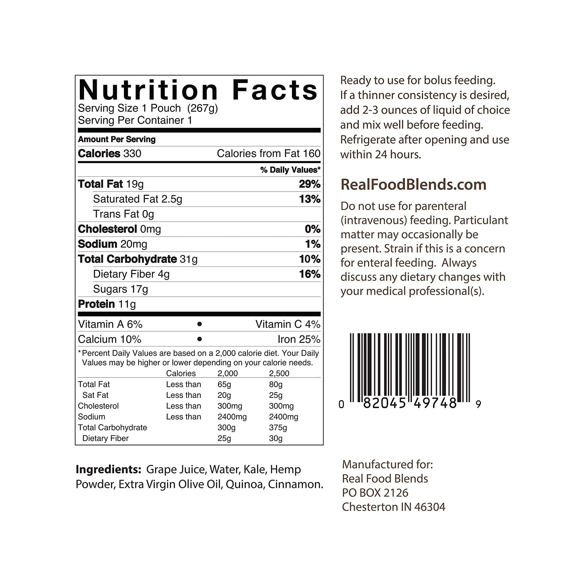 Nutritionals Medicinals Real Food Blends Quinoa, Kale & Hemp Pureed Food Blend for Tube Feed, 9.4-ounce (12/CS) - Image 3
