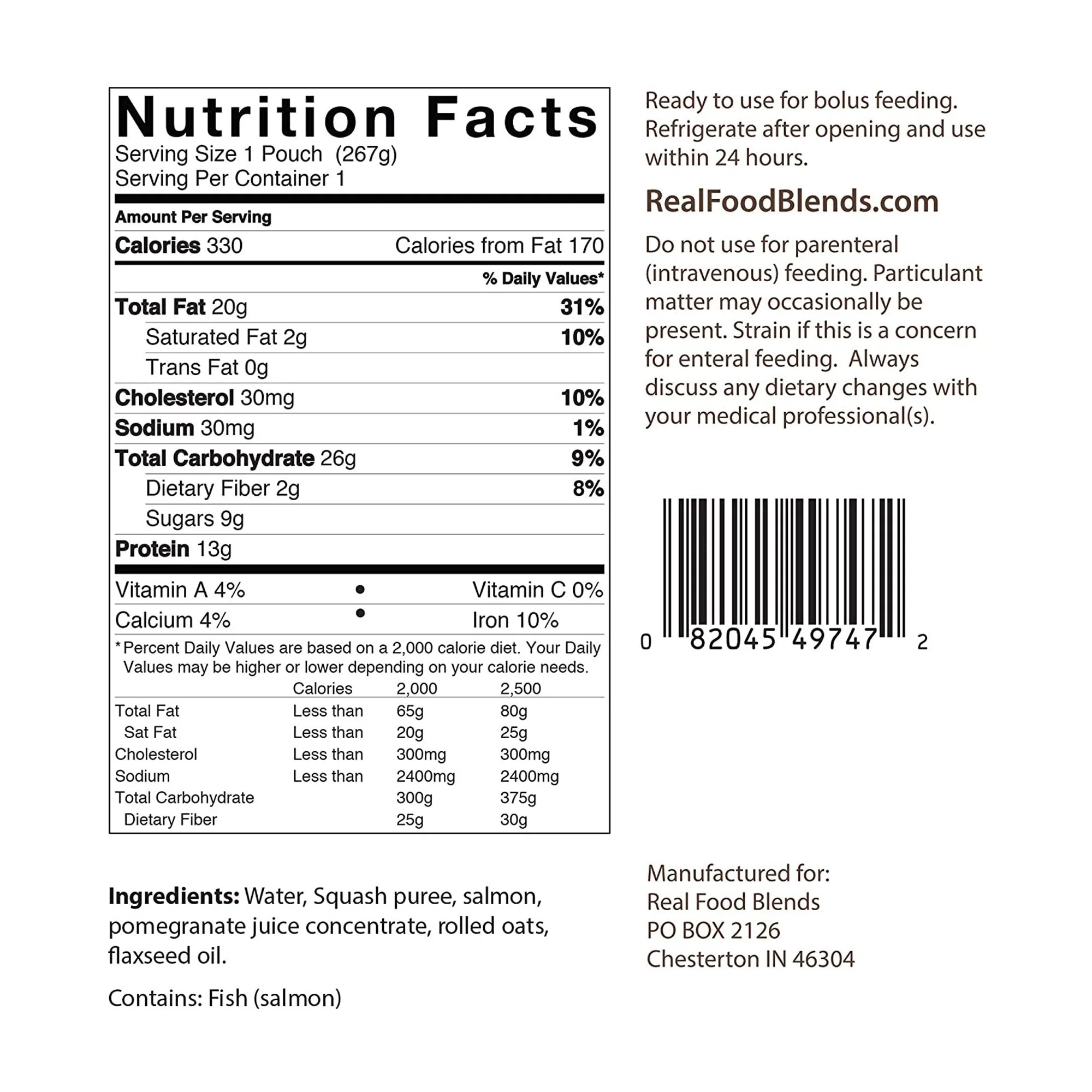 Nutritionals Medicinals Real Food Blends Salmon, Oats & Squash Puree for Tube Feeding, 9.4-ounce pouch (12/CS) - Image 3