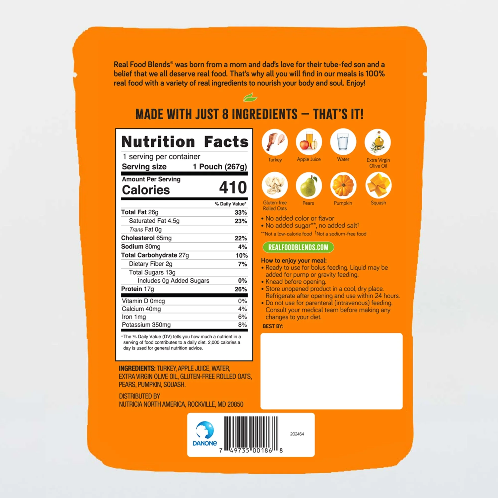 Nutritionals Medicinals Tube Feeding Formula Real Food Blends Select Turkey / Pears / Pumpkin Puree 9.4 oz. Pouch (12/CS) - Image 2