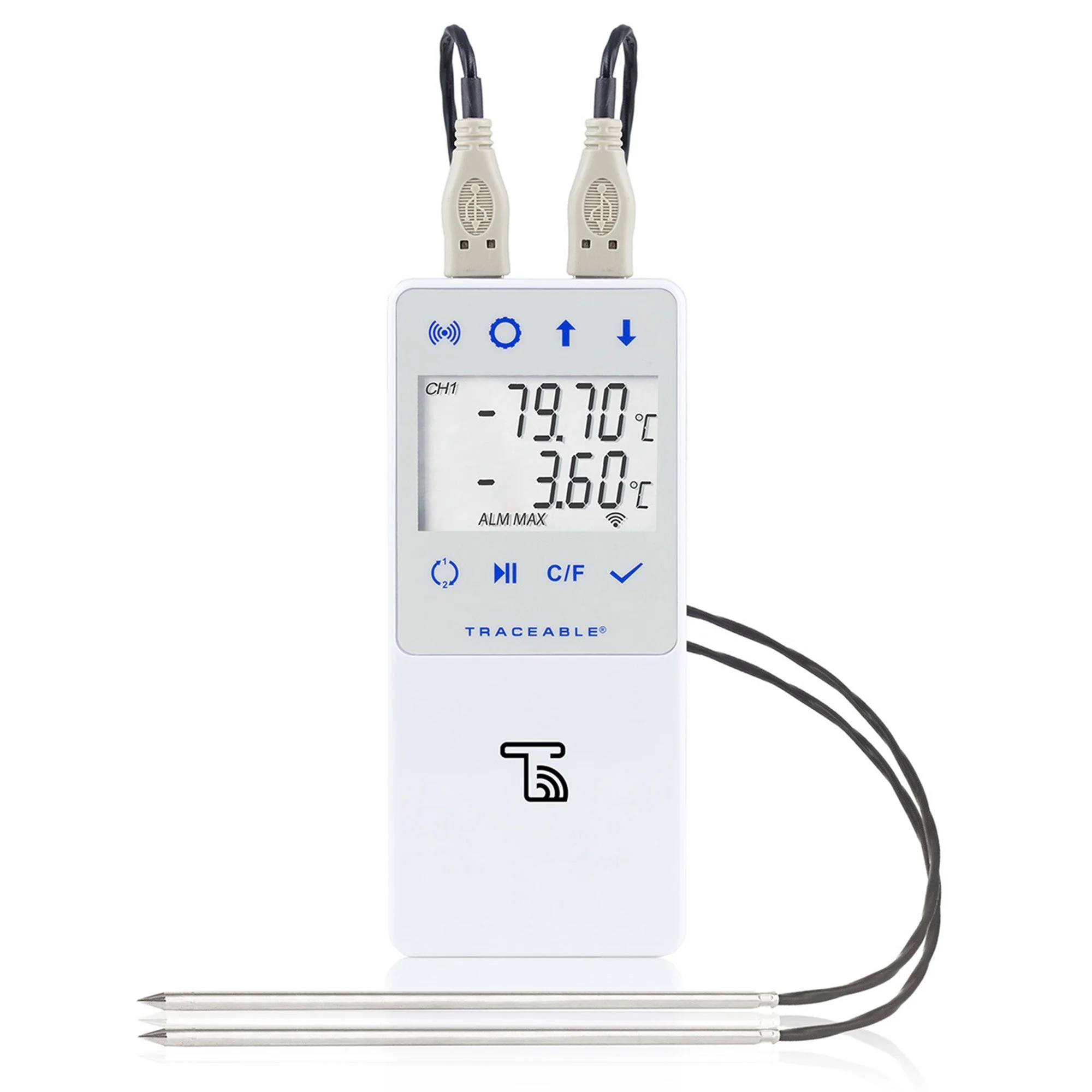 Cole-Parmer/Antylia Scientific Ultra-Low Temperature Data Logger with Alarm TraceableLIVE Fahrenheit / Celsius -130° to +221°F (-90° to +105°C) 2 Stainless Steel Probes Multiple Mounting Options Battery Operated - Image 2