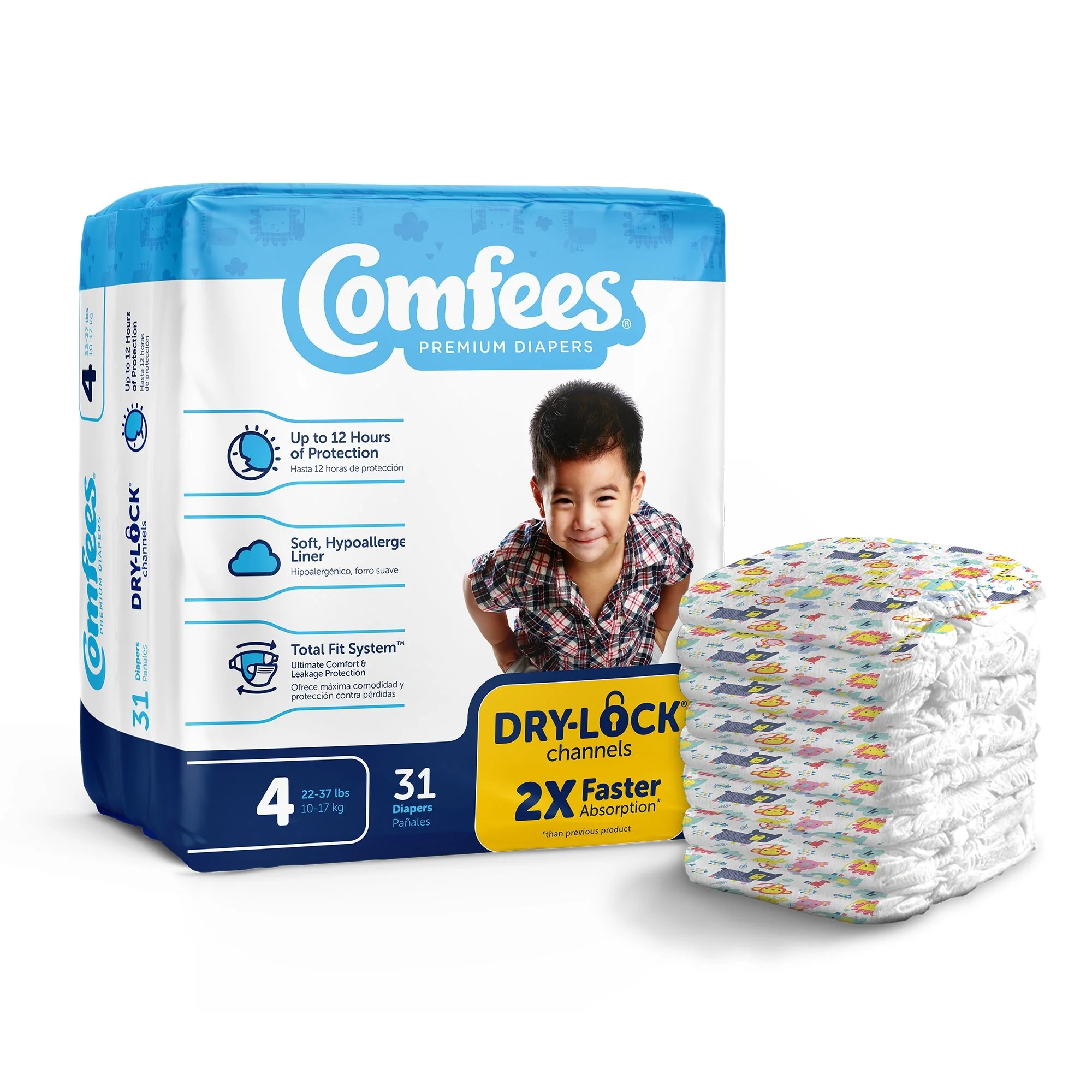 Attends Healthcare Products Comfees Premium Diapers, Unisex, Baby, Tab Closure, Size 4 (124/CS)