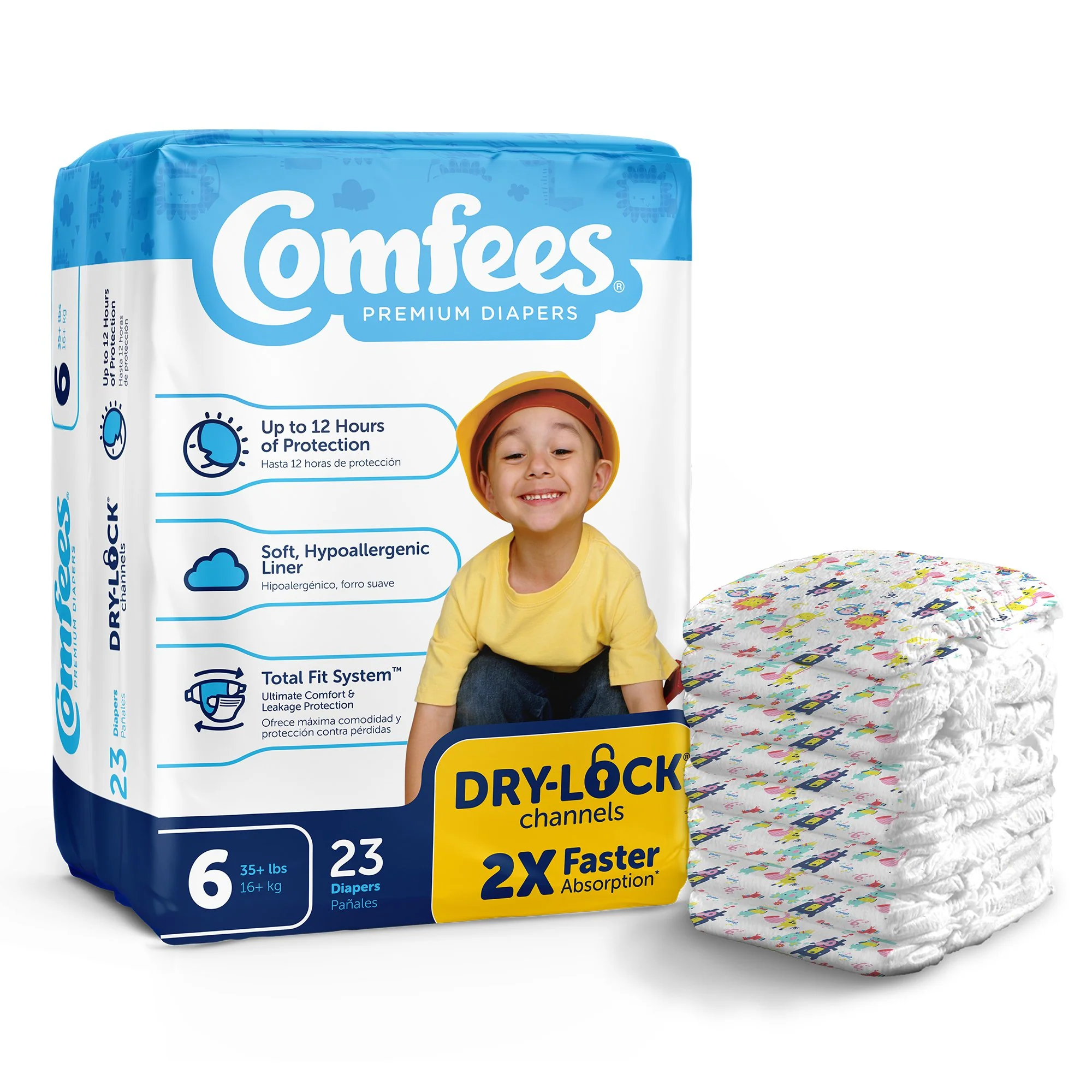 Attends Healthcare Products Attends Comfees Premium Baby Diapers, Tab Closure, Kid Design, Size 6 (92/CS)