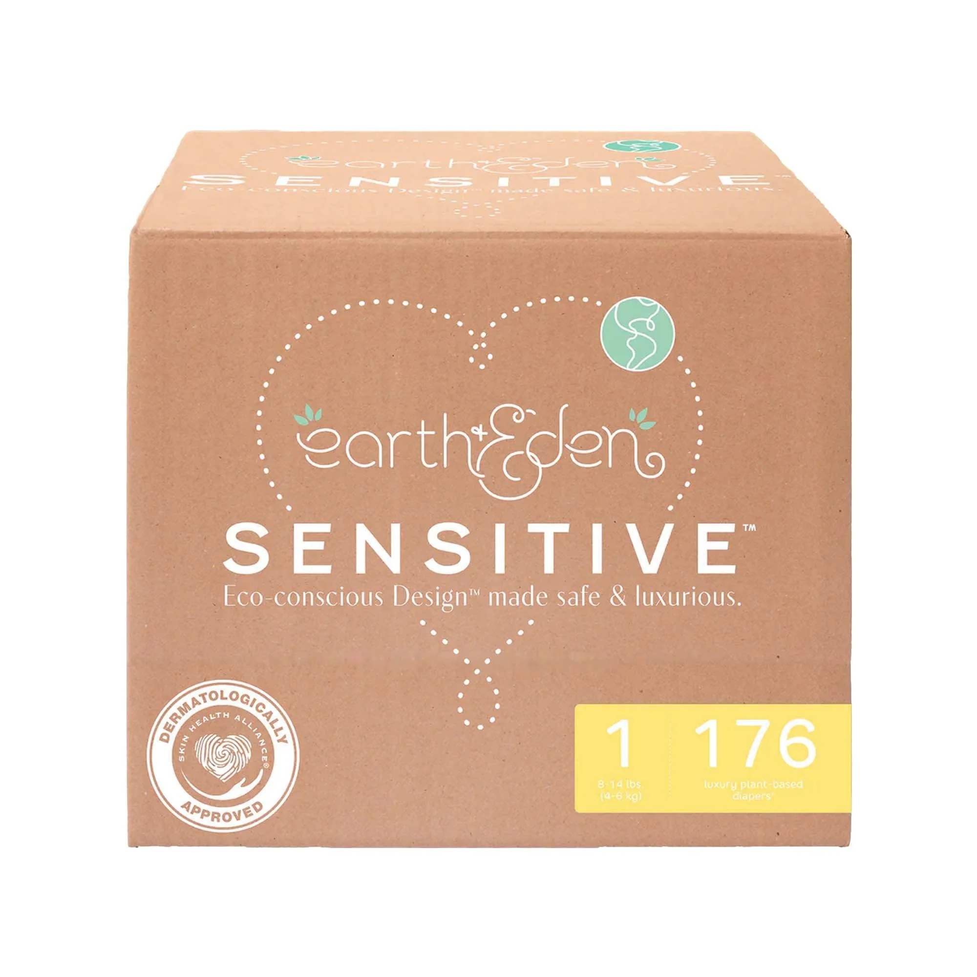 First Quality Products LLC Earth & Eden Sensitive Baby Diapers, Size 1 for Babies Weighing 8 – 14 lbs. (176/CS)