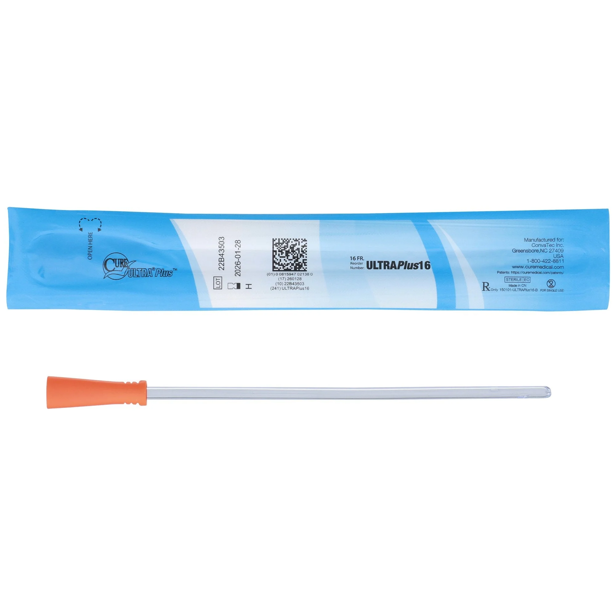 Urethral Catheter Cure Ultra Plus Straight Tip Lubricated PVC 16 Fr. 8 Inch Length