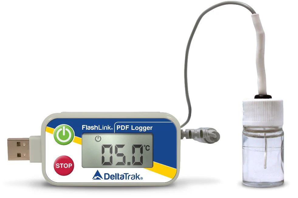 DeltaTrak Inc Vaccine Temperature Data Logger with Alarm Flashlink PDF Logger Fahrenheit -58° to +104°F (-50° to +40°C) Glycol Bottle Probe Magnet Battery Operated